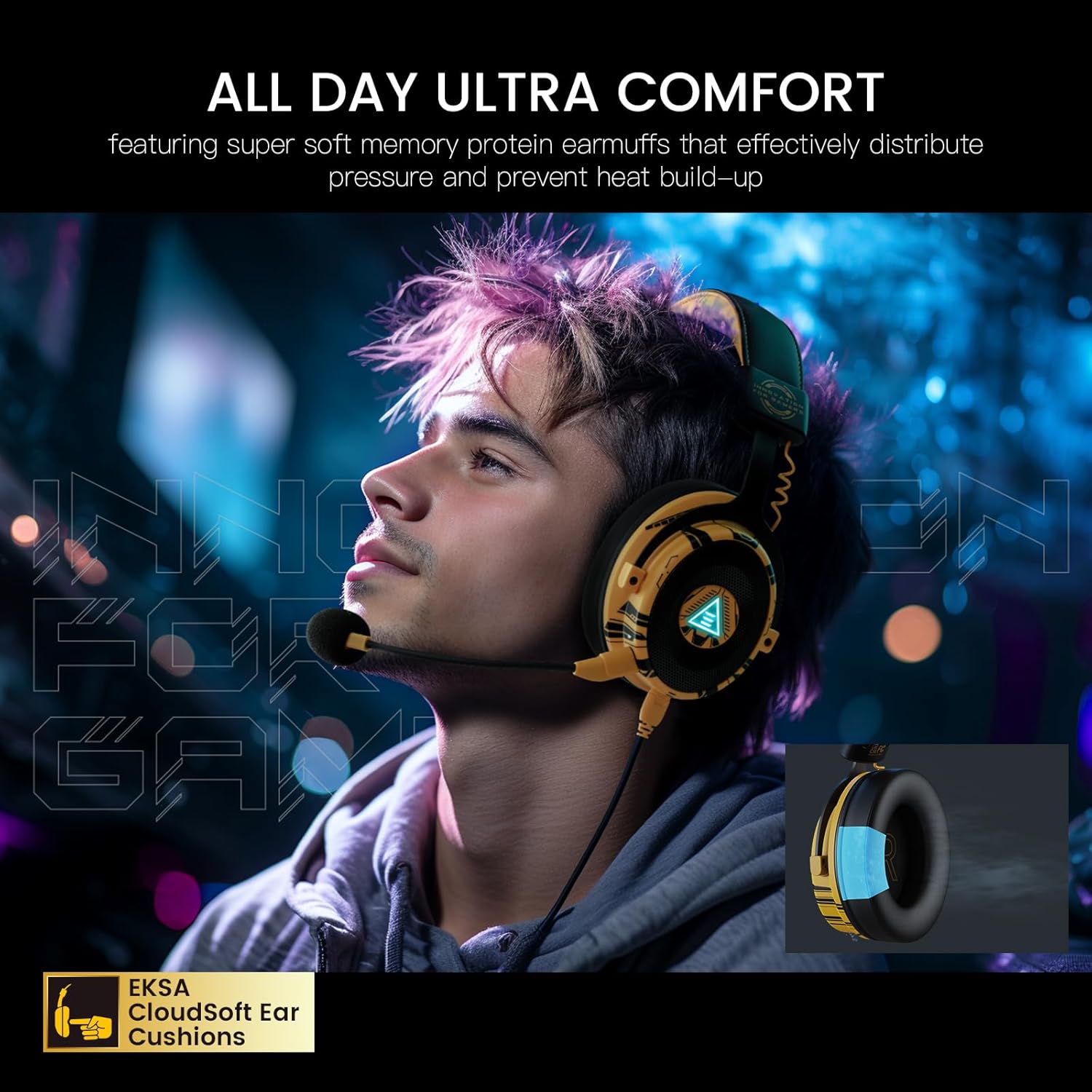Thumbnail 6 de EKSA E900Pro Gaming Headset for PC PS5 PS4, Wired Headphones with Detachable Noise Cancelling Mic, 7.1 Surround Sound, USB&3.5mm Cable, LED Light, Over-Ear USB Gaming Headphones for Xbox One (Yellow)
EKSA E900Pro Gaming Headset for PC PS5 PS4,…