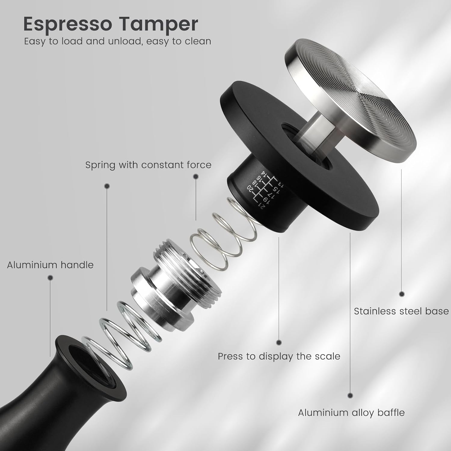 Detalle 2 de HOLIHOKY 58mm Tamper – 30lb Calibrated Constant Pressure Self-Leveling Espresso Tamper