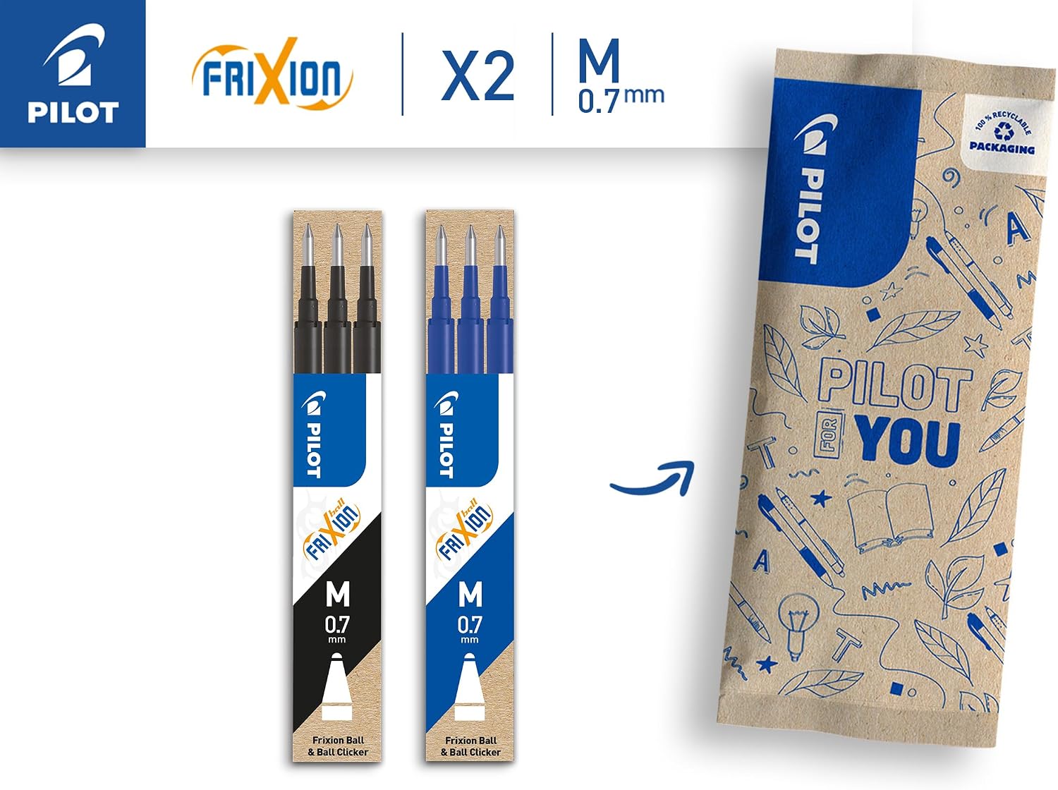 Thumbnail 1 de PILOT FriXion 0.7mm Erasable Refills – Pack of 2 x 3 Refills (Blue & Black) for FriXion Ball 0.7 / FriXion Clicker 0.7