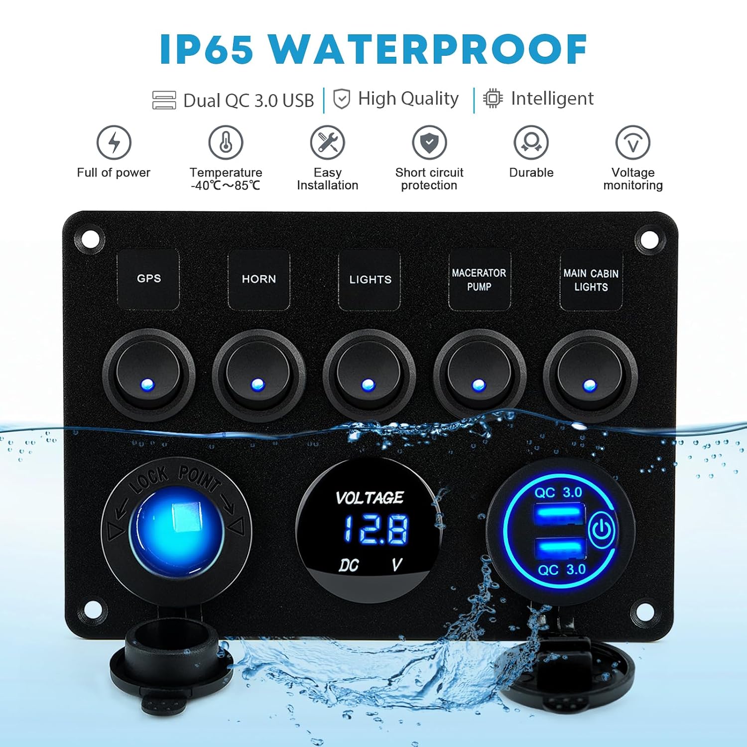 Detalle de Kohree 12V Schalterpanel 5-Gang mit IP65, Dual-USB (QC 3.0) und LED-Voltmeter