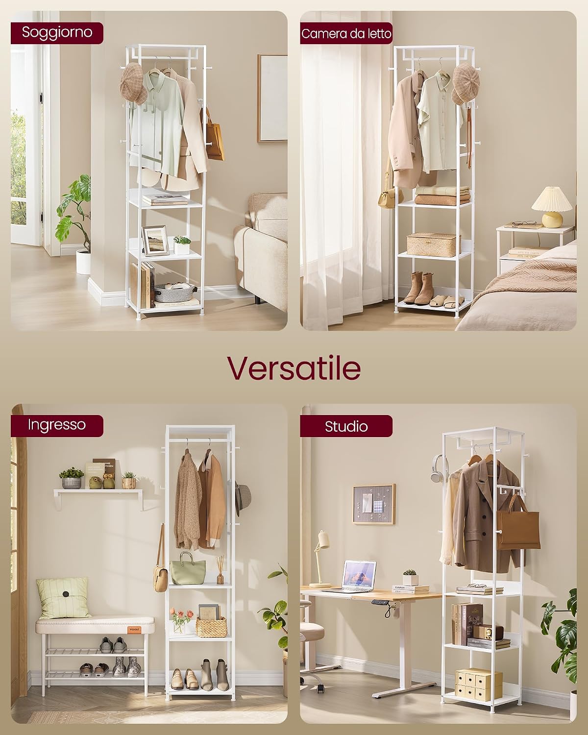 Detalle de VASAGLE Appendiabiti con Ripiani: Attaccapanni Ingresso in Acciaio Bianco Nuvola RCR061WC02