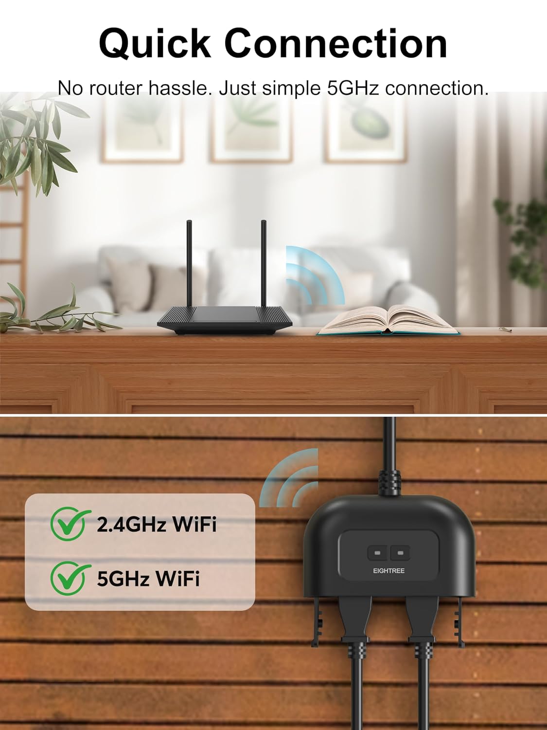 Detalle de EIGHTREE ET75 Outdoor Smart Plug, Dual Outlets, Dual-Band Wi-Fi, IP44