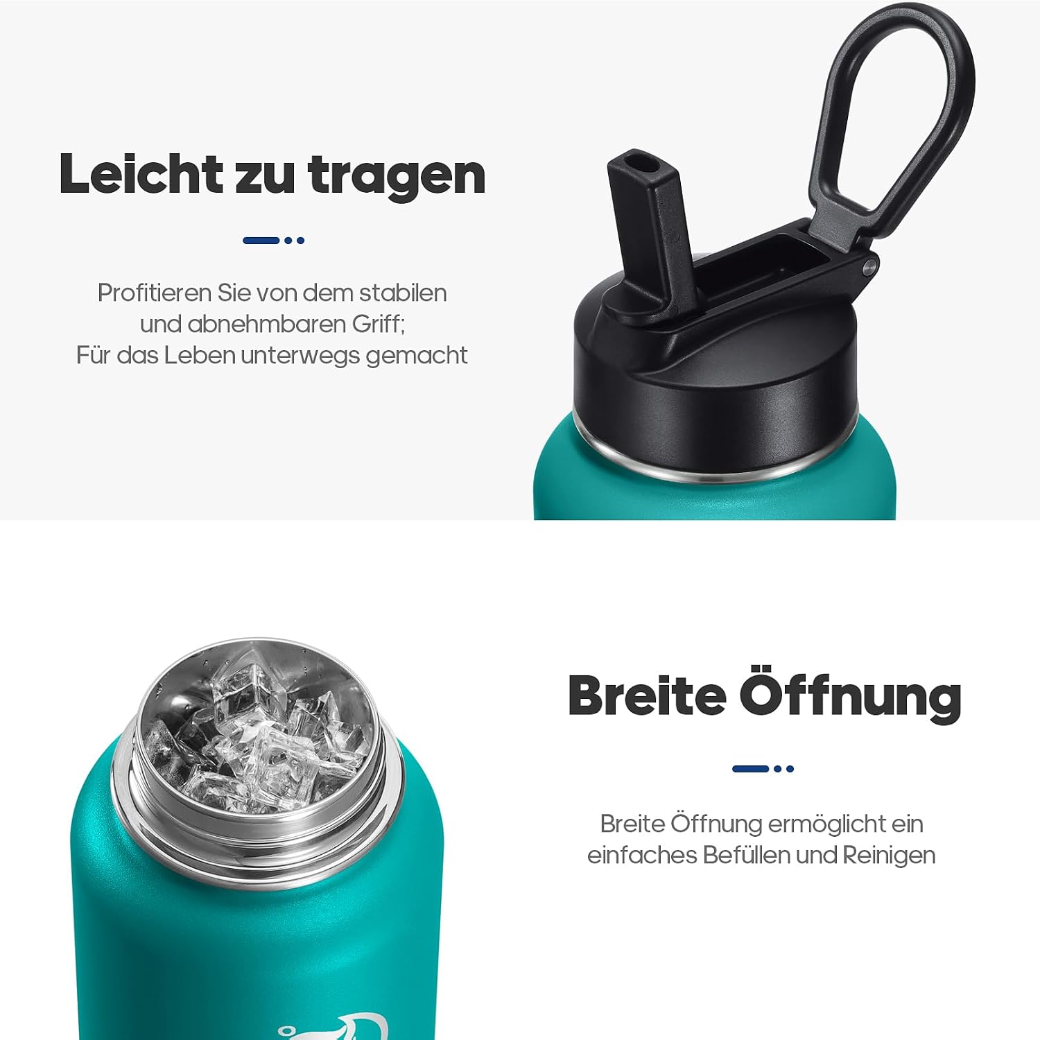 Detalle de HydroPal Isolierflasche 1200ml – Edelstahl, BPA-frei, 24h kalt / 12h heiß, auslaufsicher mit zwei Deckeln und Strohhalm