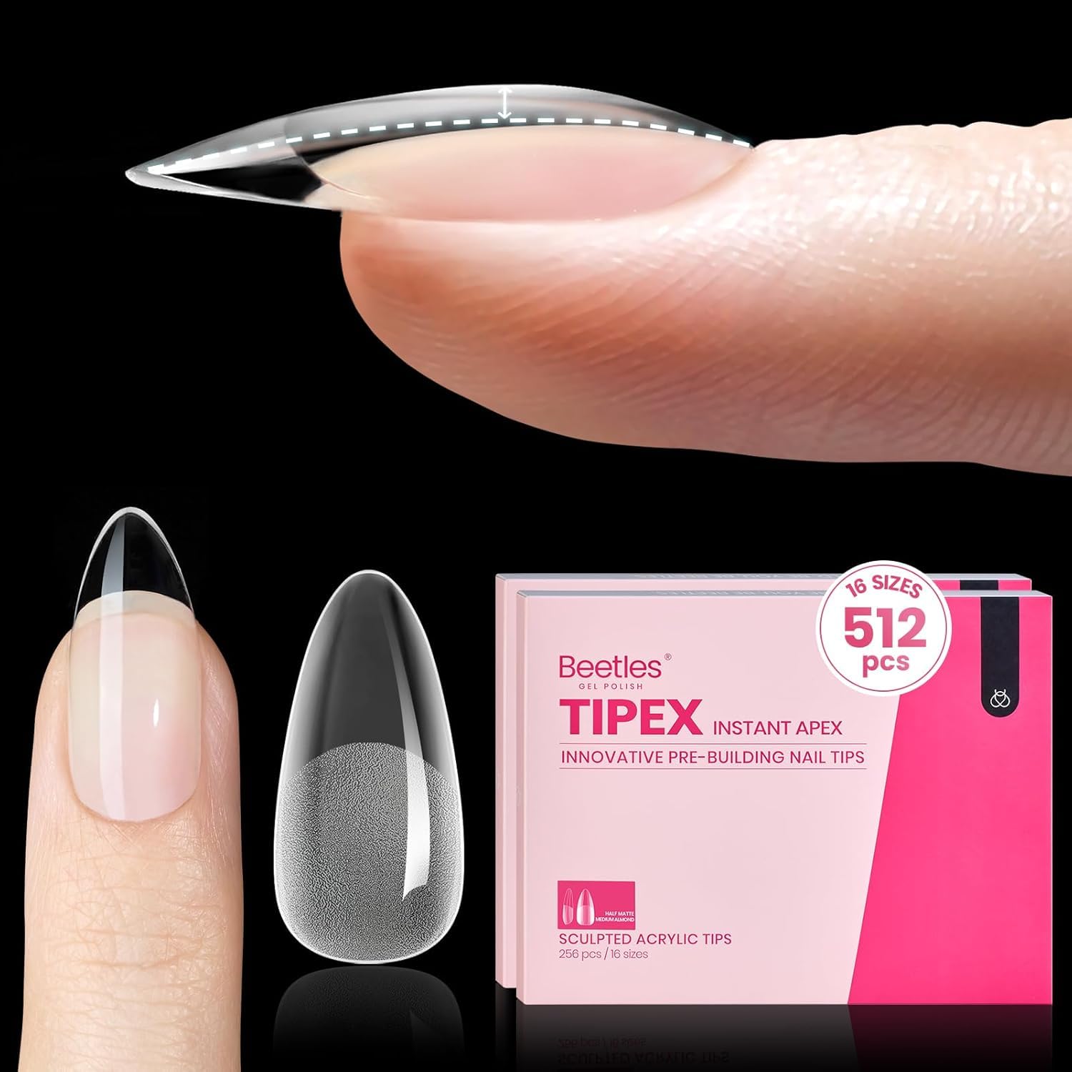 Detalle de Beetles Tipex Instant Apex Nail Tips, Medium Almond – 512 Tips (16 Sizes, 00–14), No Builder Gel Required