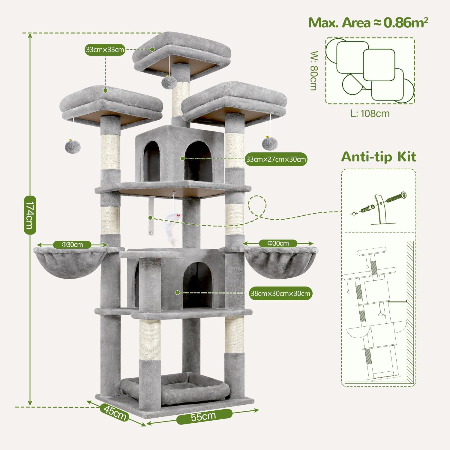 Thumbnail 1 de Globlazer Kratzbaum Stabil 174 cm mit 3 gepolsterten Sitzstangen, Katzenhäusern & Körben (F68B, Hellgrau)
