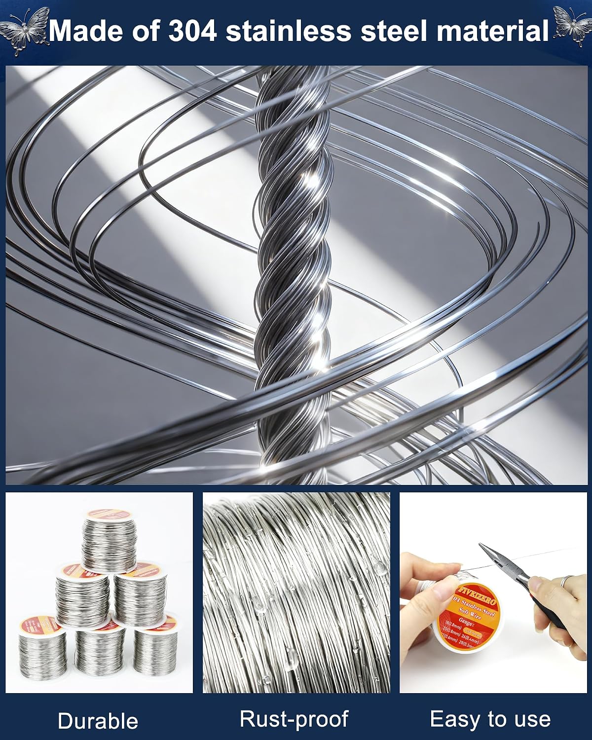 Detalle de FIVEIZERO jewelry-making-wire 22-Gauge 304 Stainless Steel Craft Wire, 76 yd
