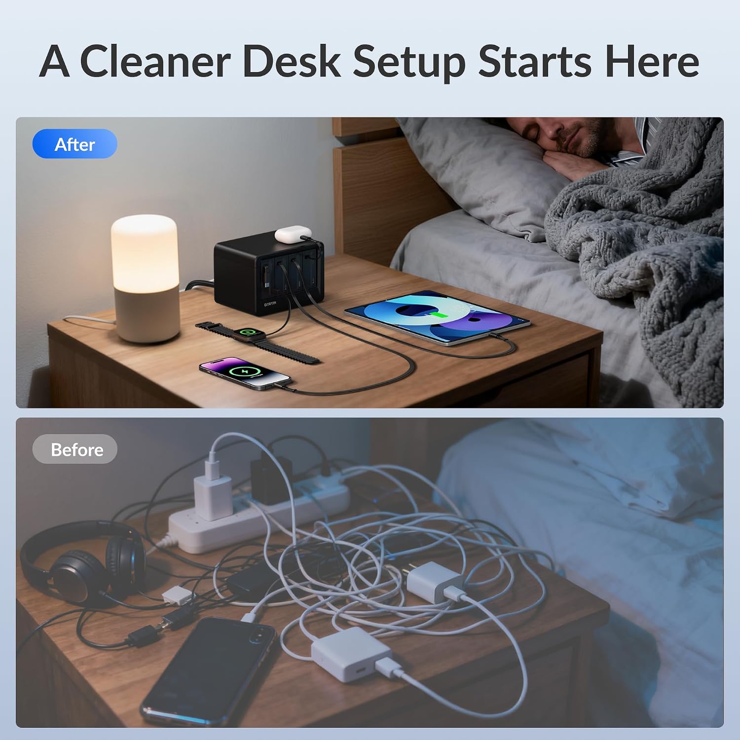 Detalle de Gitryin 12-in-1 Desktop Modular Charging Station (12-in-1, 4x65W USB-C Retractable Chargers, 33.5in Built-in Cables, ETL Surge Protector) — Black