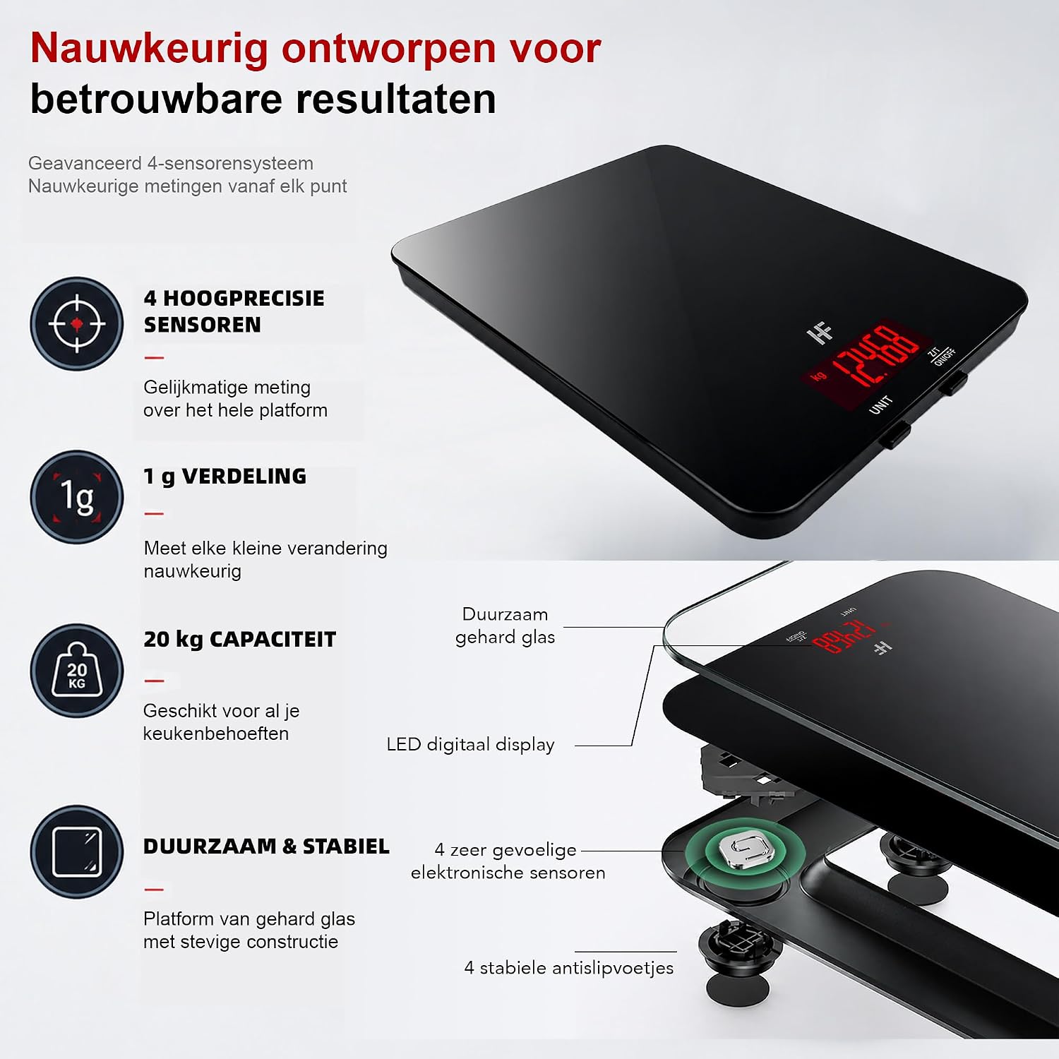 Detalle 2 de HomeFashion grote digitale keukenweegschaal 20 kg, 1 g en glazen platform