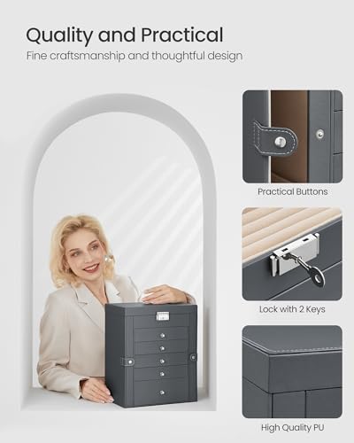 Detalle 2 de SONGMICS Large Jewellery Box, 6 Tiers, 5 Drawers, Lockable with Mirror