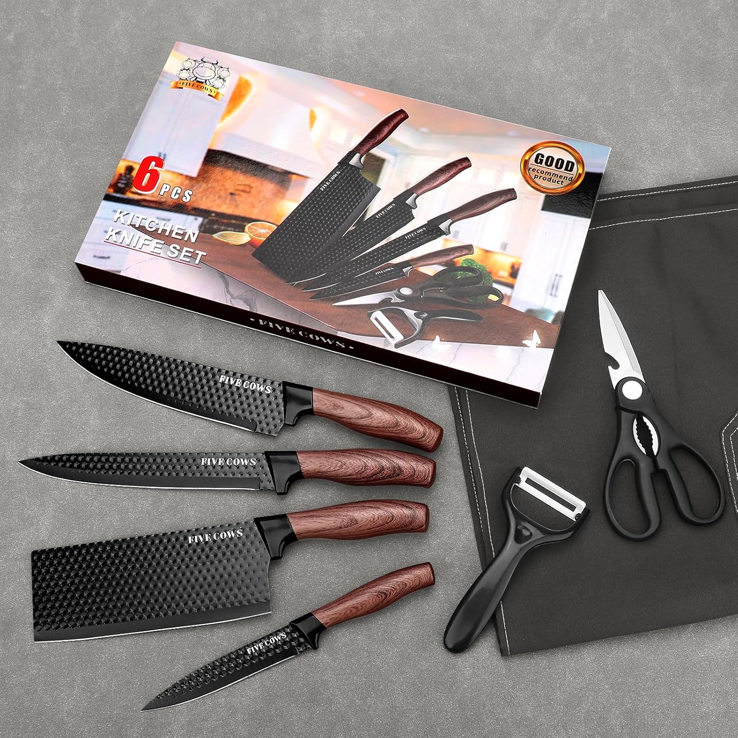 Detalle 2 de Coffret cuisine FIVE COWS 6 pièces : couteau de chef, couteau à viande et accessoires