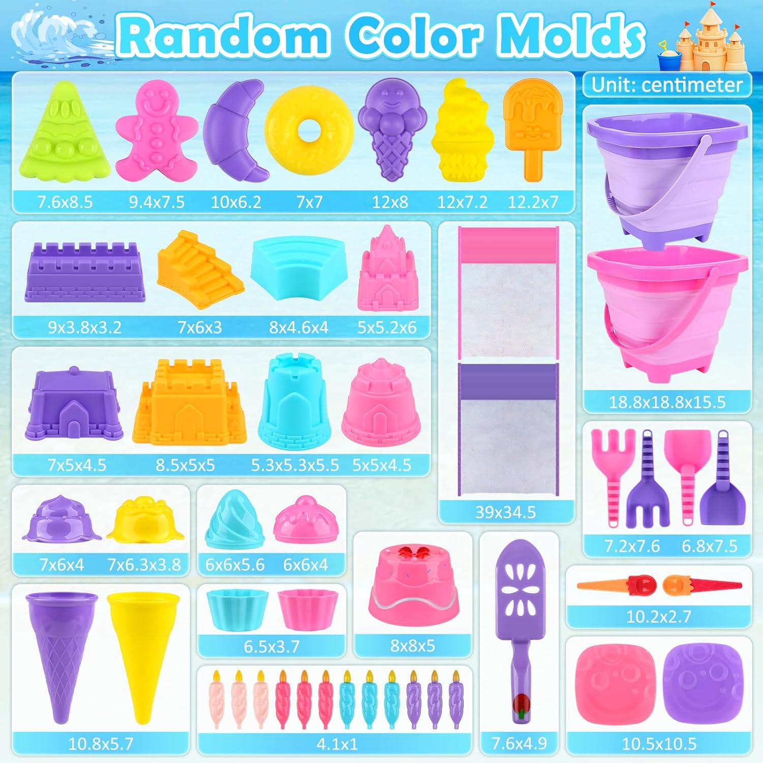 Thumbnail 6 de Joyreal 49-teiliges Sandspielzeug-Set „Eis“ für Kinder (Strand, Sandkasten) mit Schaufel, faltbaren Eimern und Sandformen