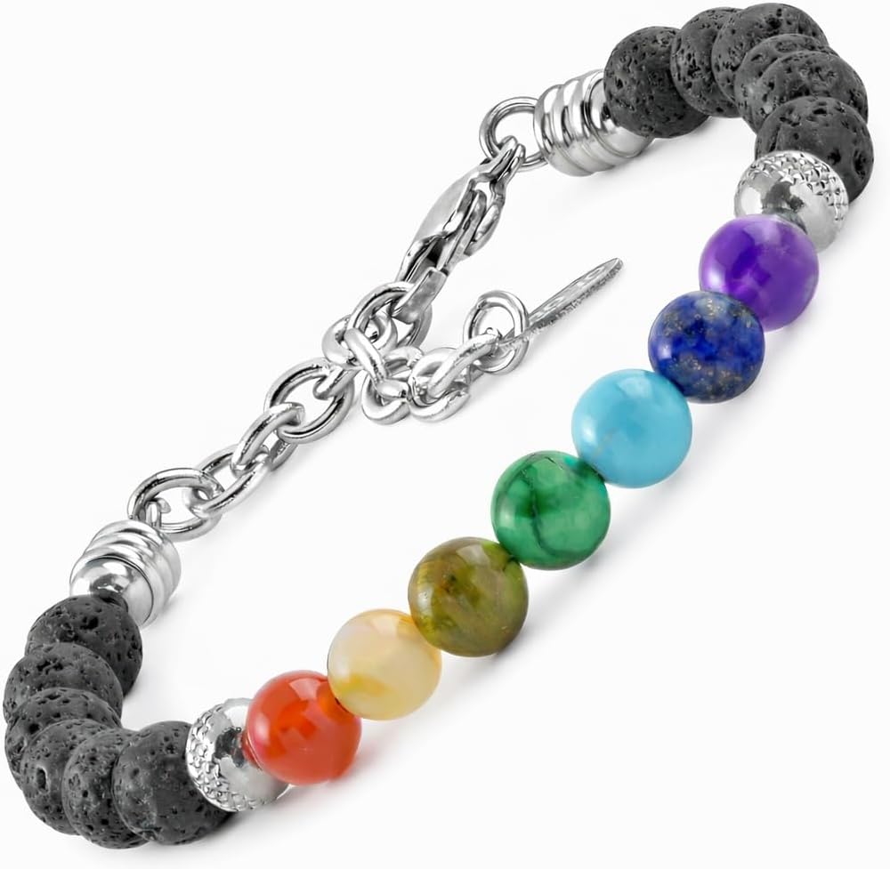 Thumbnail 5 de 10:10 Bracciale 7 Chakra in acciaio inox e pietre naturali da 6 mm, 21 cm con estensione — fatto in Italia