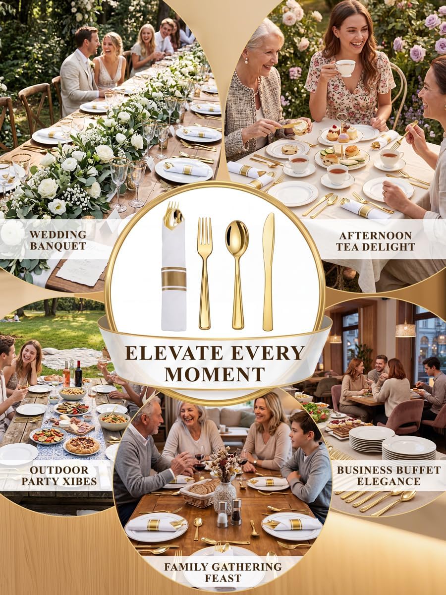 Detalle de Supernal 60 Pack Pre Rolled Napkins with Gold Plastic Silverware – Elegant Disposable Wrapped Cutlery Set for Weddings and Catering