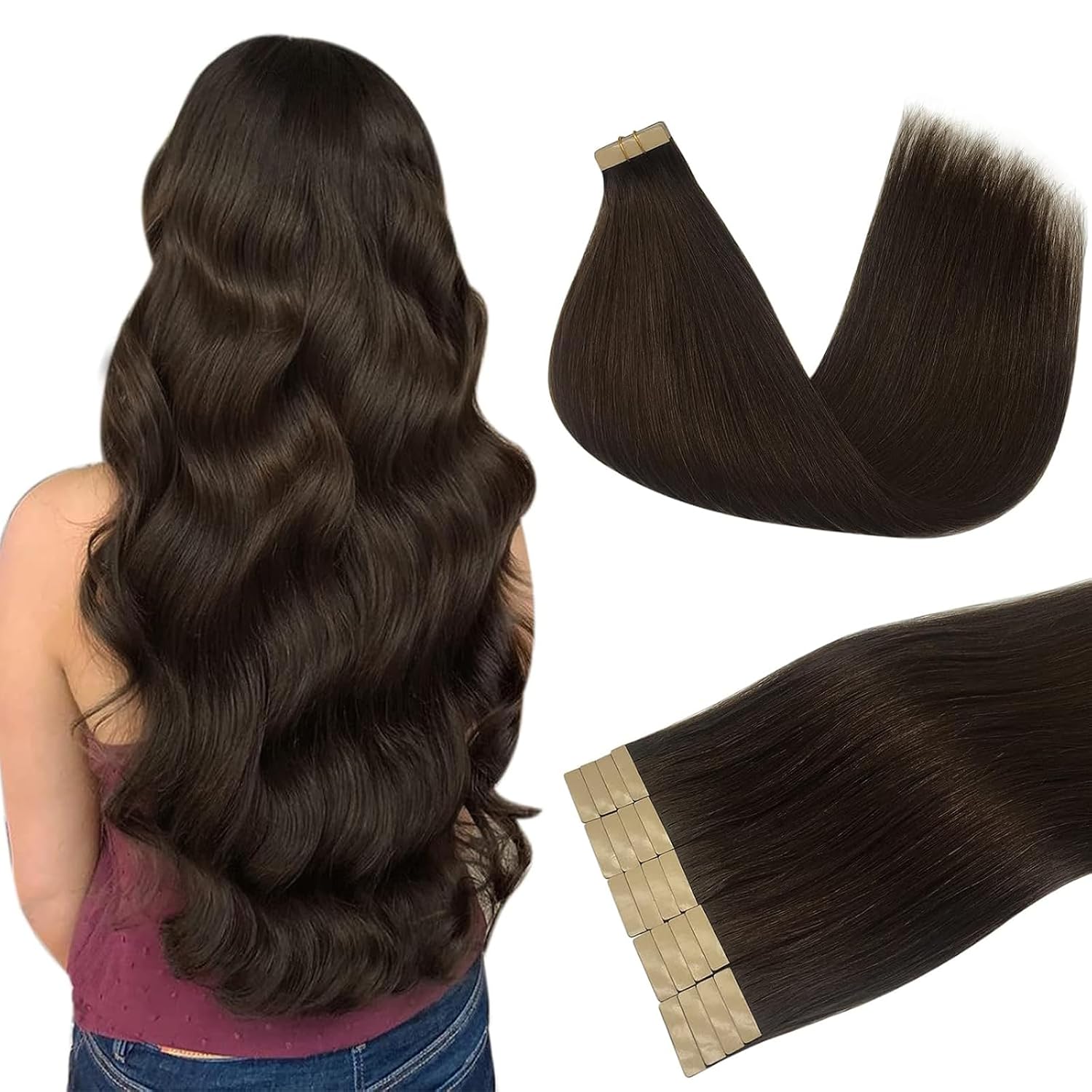 Detalle de DOORES Tape-in Haarverlängerungen REMY Echthaar, 40 cm (16 Zoll), 50 g, 20 Stück – helles Dunkelbraun