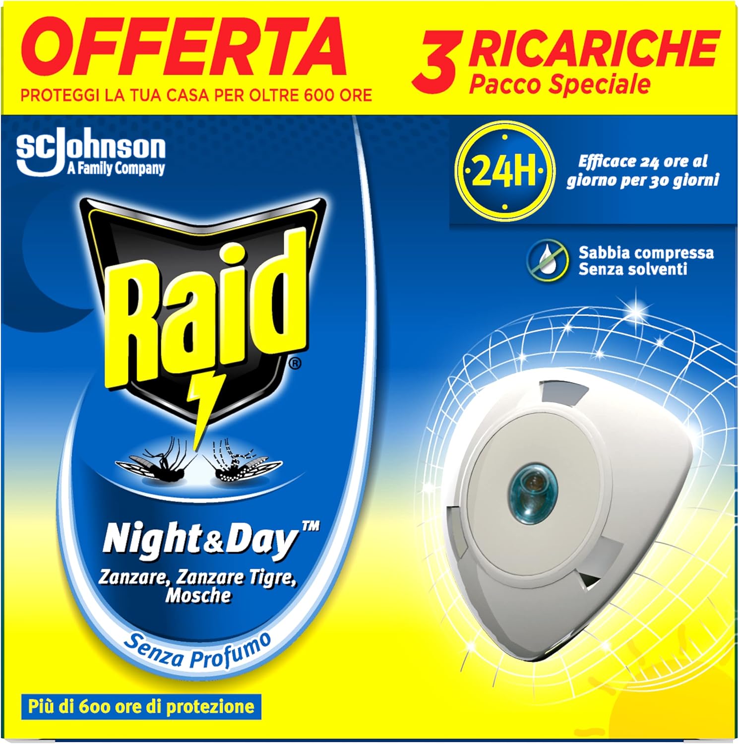 Detalle de Raid Night & Day Nachfüllpackung – elektrischer Mückenschutz, geruchlos, sandfrei, 3 Nachfüllpackungen