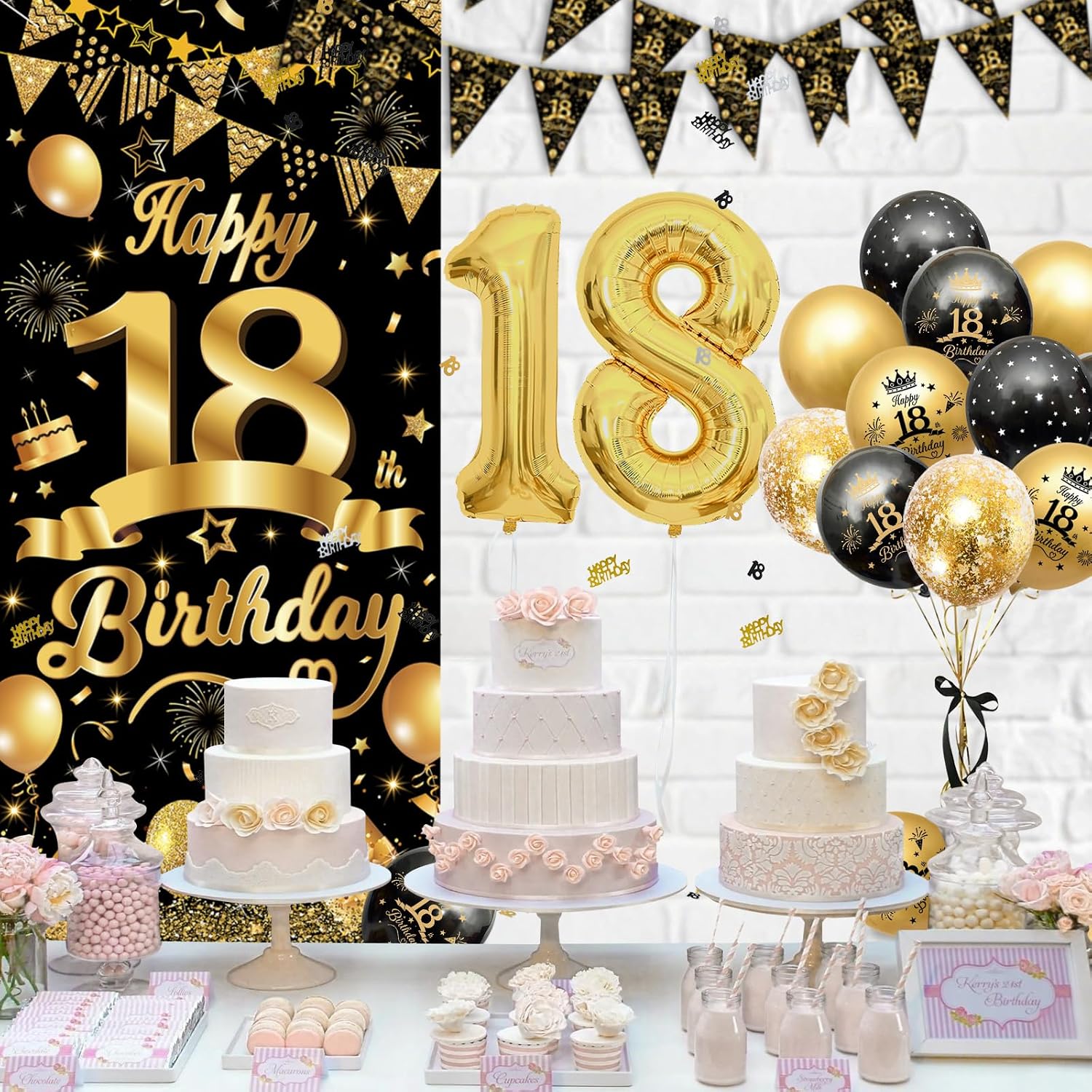 Detalle de AivaToba 18th Birthday Decorations for Boys & Girls – Black & Gold Balloons, Banner & Triangle Flags