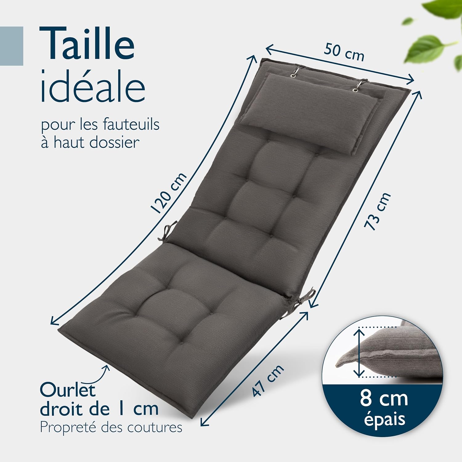 Detalle de Beautissu 3er Set Premium Hochlehner Auflage mit Kopfpolster, 120x50 cm, Taupe