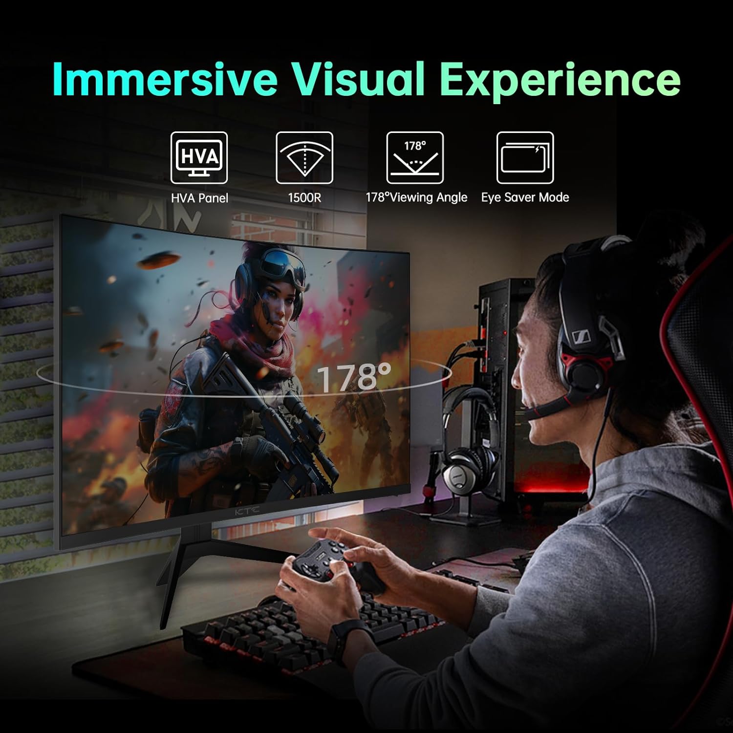 Detalle 2 de KTC 32 Inch Curved VA 1500R 2K QHD 180Hz Gaming Monitor with Adaptive Sync, HDR10