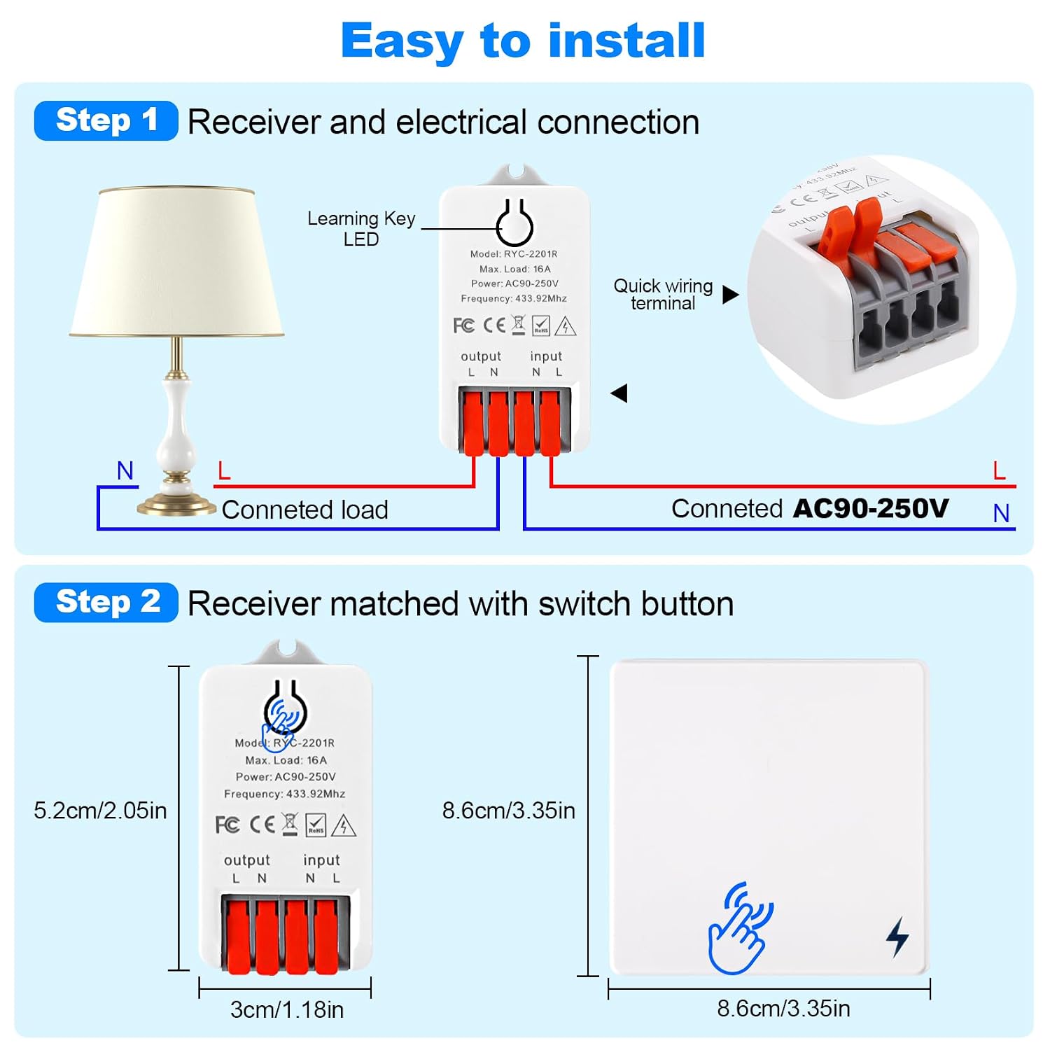 Detalle de LYGKJ 2 Switch and 2 Receiver Wireless Light Switch Kit, 16 A, AC 90–250 V