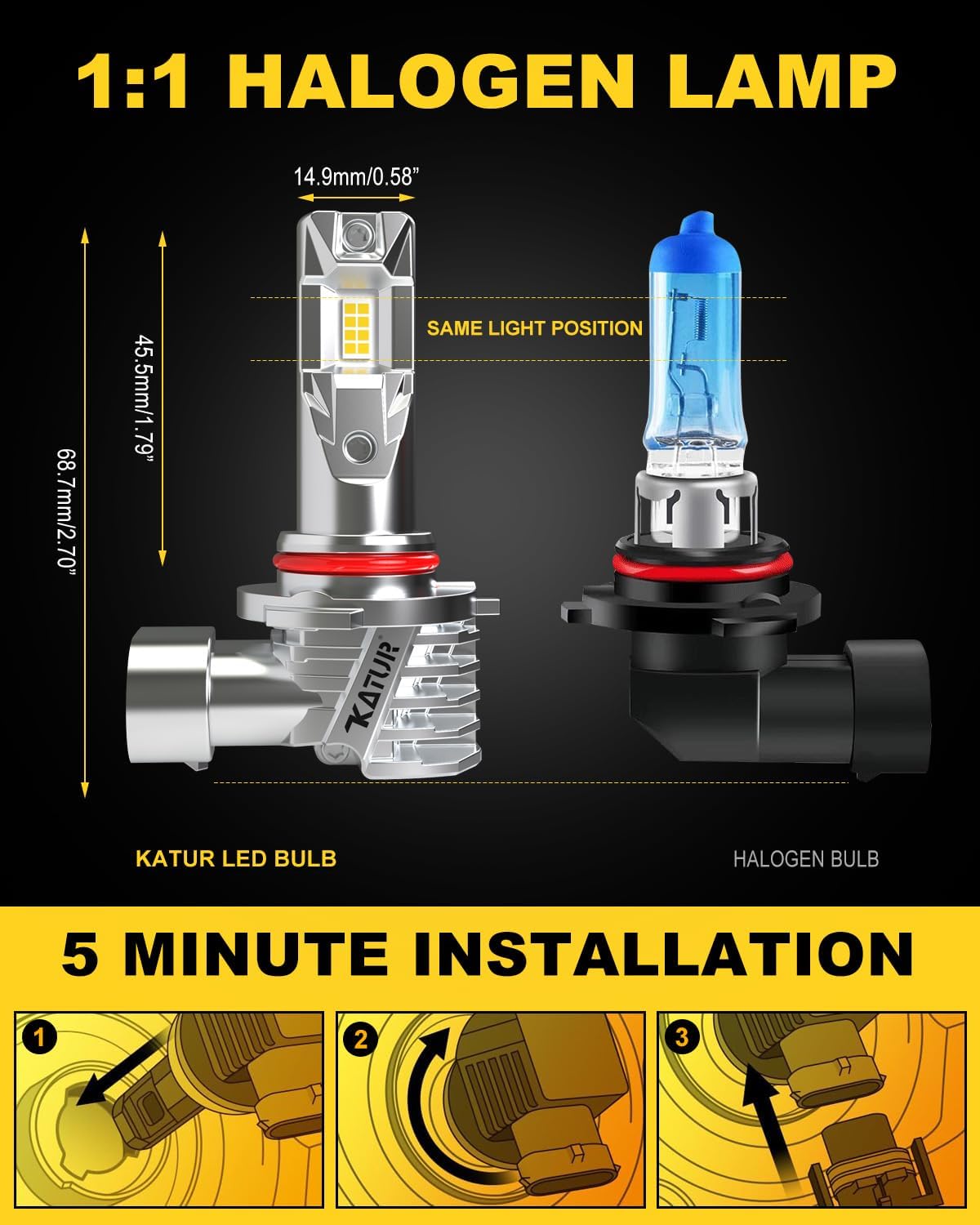 Detalle 2 de KATUR HB3 LED Headlight Bulbs (9005) 6000K, fanless waterproof plug-and-play conversion kit, pack of 2
