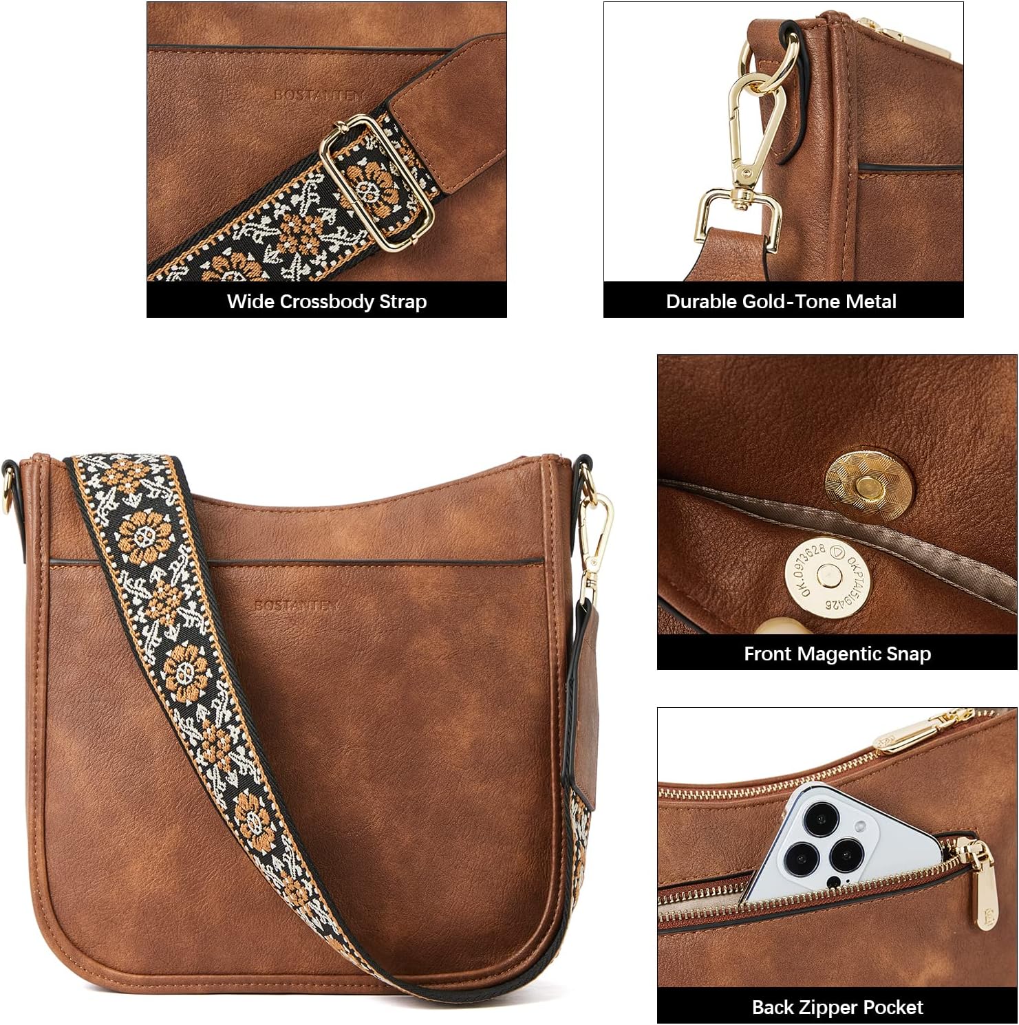 Thumbnail 5 de BOSTANTEN Crossbody Bags for Women — Vegan Leather, Wide Strap, Brown