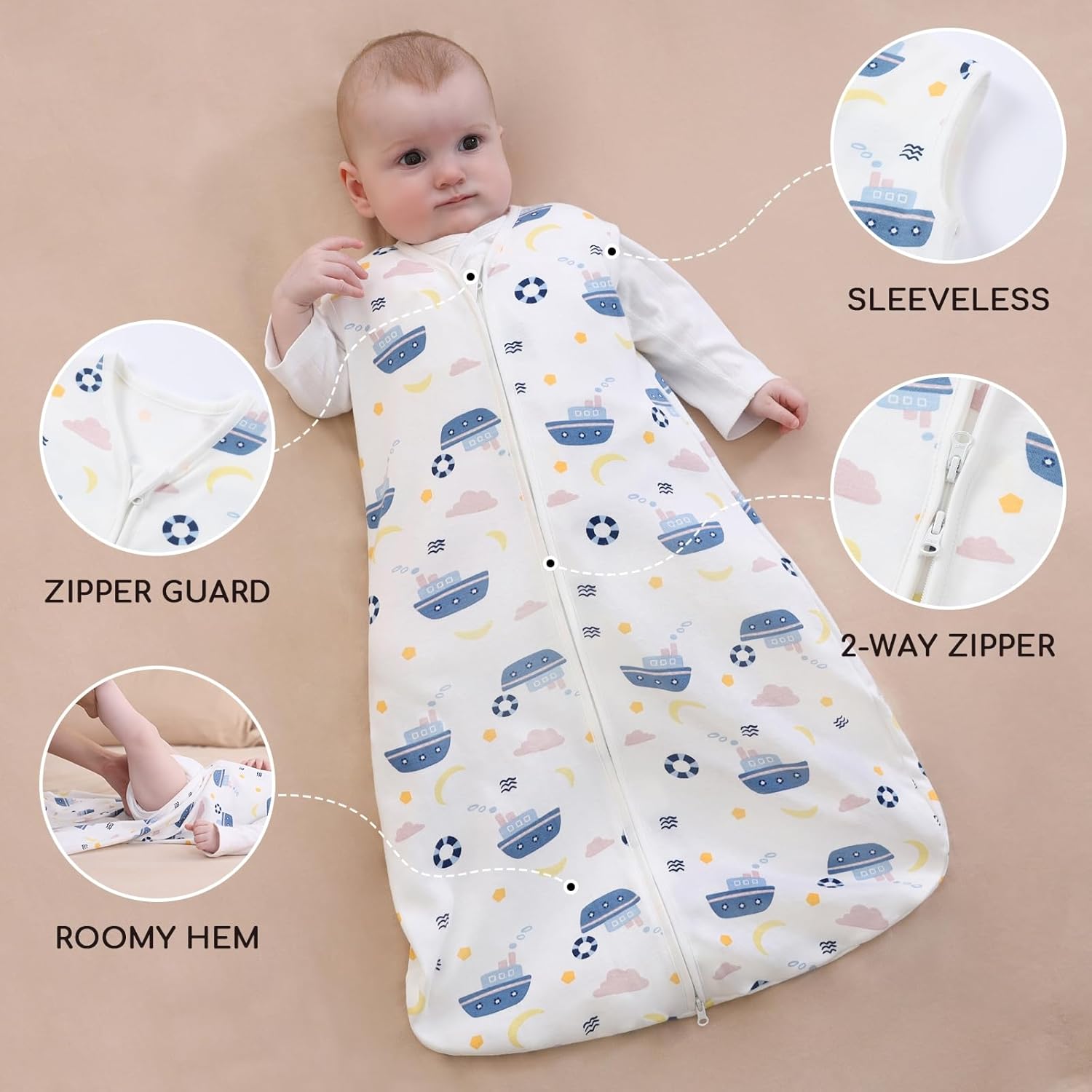 Detalle 2 de Yukkidds Baby Sleeping Bag 0.5 Tog – 100% Cotton, Lightweight Summer Sleep Sack (2-Pack, Blue) for 0–12 Months