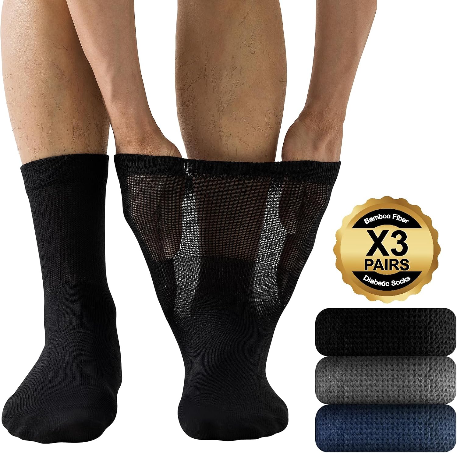 Detalle de Niorasen Extra Wide Diabetic Bamboo Socks – 3 Pairs for Swollen Feet and Legs