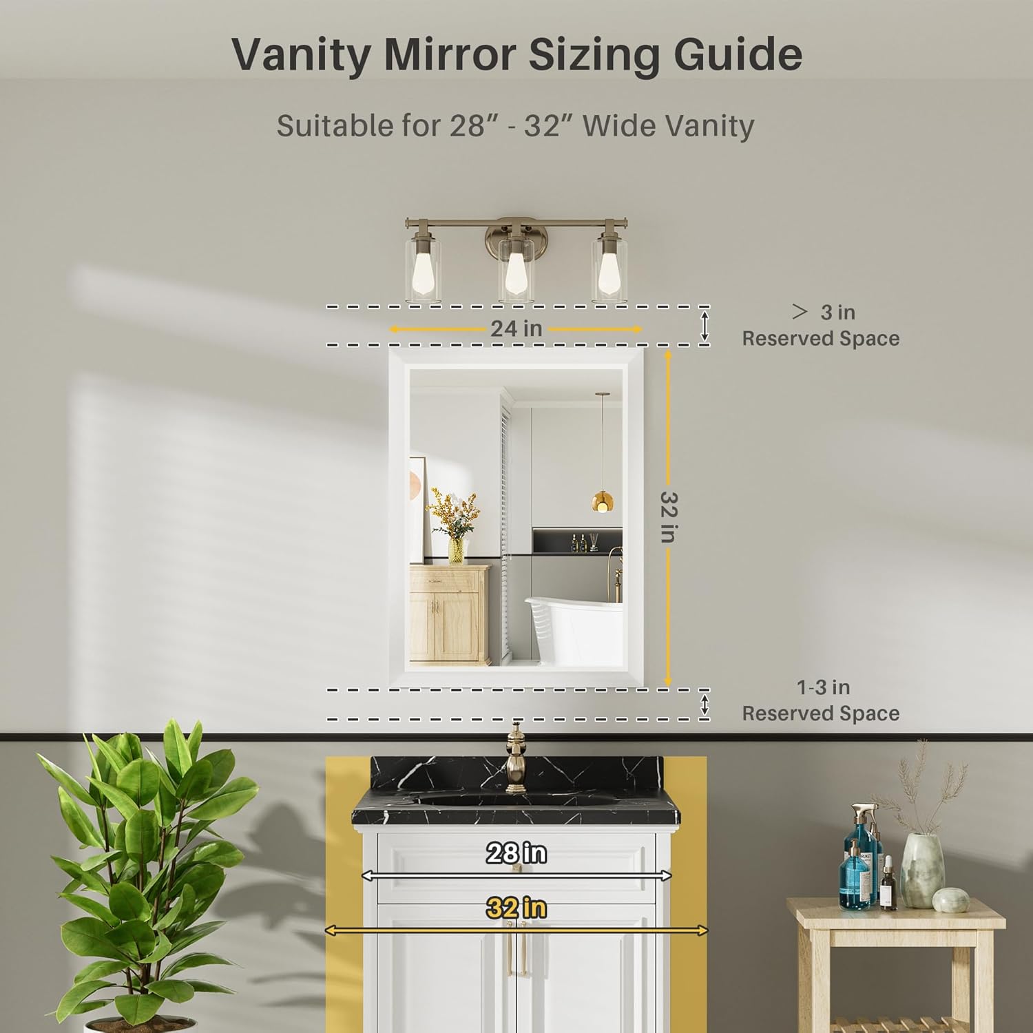 Thumbnail 1 de 24x32 Inch White Bathroom Mirror with Thick Metal Frame, Tempered Glass (Over Sink, Wall Mount)