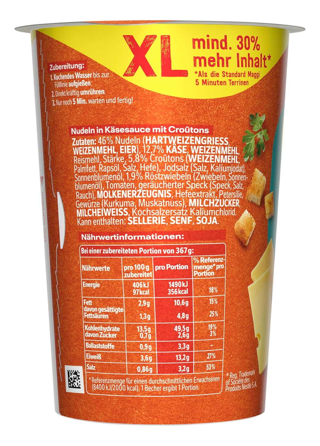 Detalle de MAGGI 5 Minuten Terrine XL Käsenudeln mit Croutons – 8er Pack