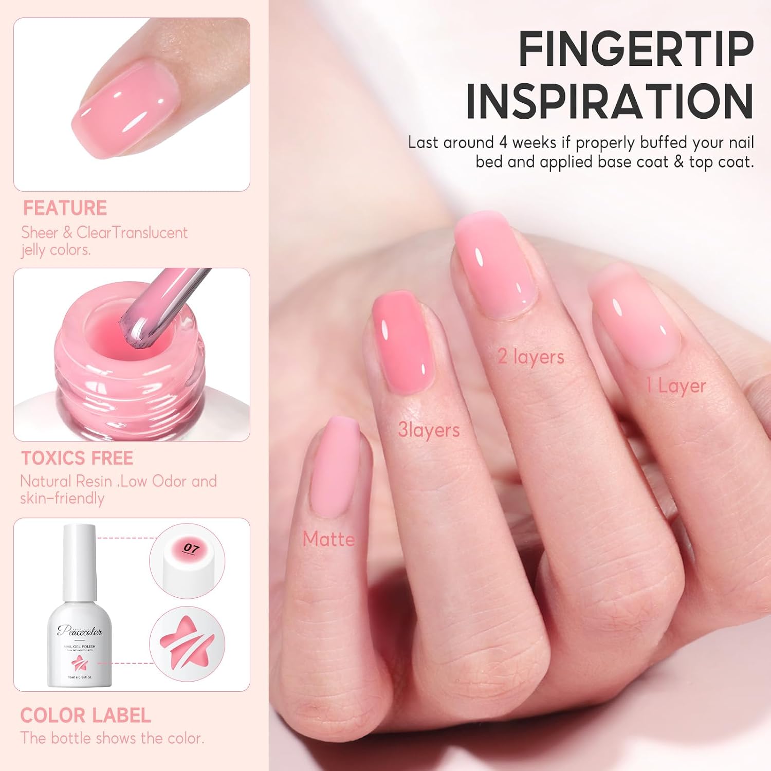 Detalle 1 de PEACECOLOR Vernis semi permanent 6 couleurs rose laiteux (transparent) à effet gelatina, UV/LED, 10 ml