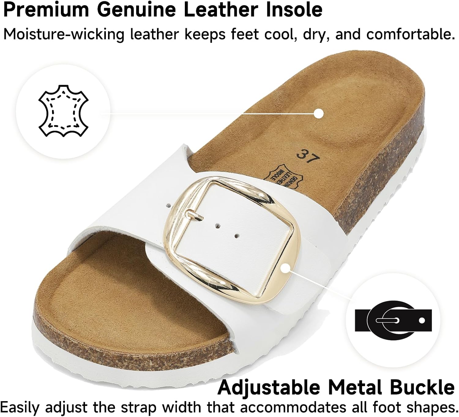Detalle de Chetoria Sandales Femme en Cuir Véritable – Semelle Liège, Boucle Dorée, Confort Ergonomique