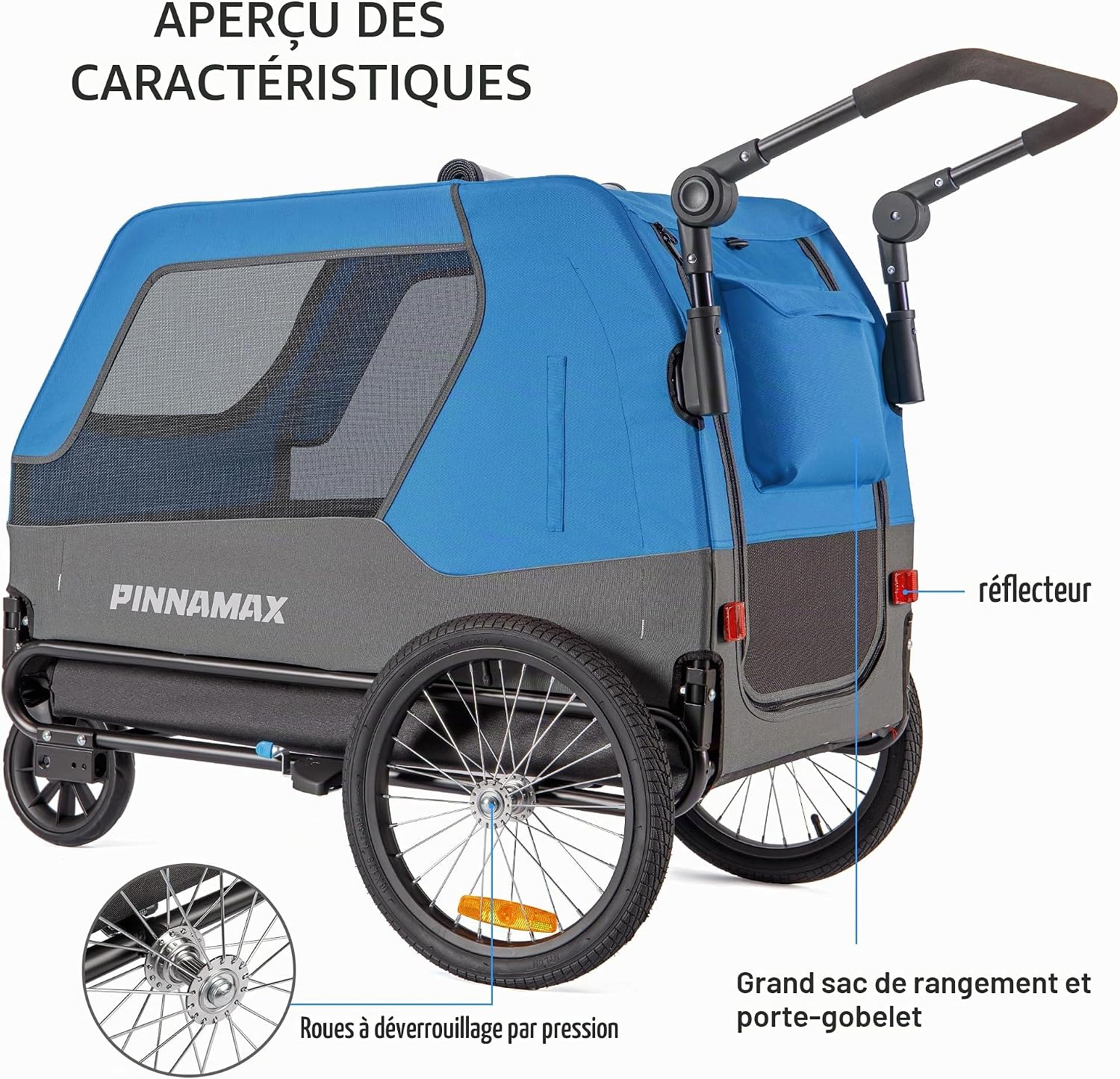 Detalle 2 de Remorque PINNAMAX pour chien – 2 en 1 vélo et poussette, capacité 45 kg, attelage universel