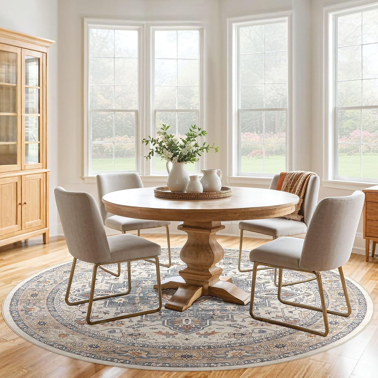 Thumbnail 5 de Round Rug Living Room Rugs: 6Ft Washable Boho Neutral Circle — 0.25" Pile with Rubber Backing