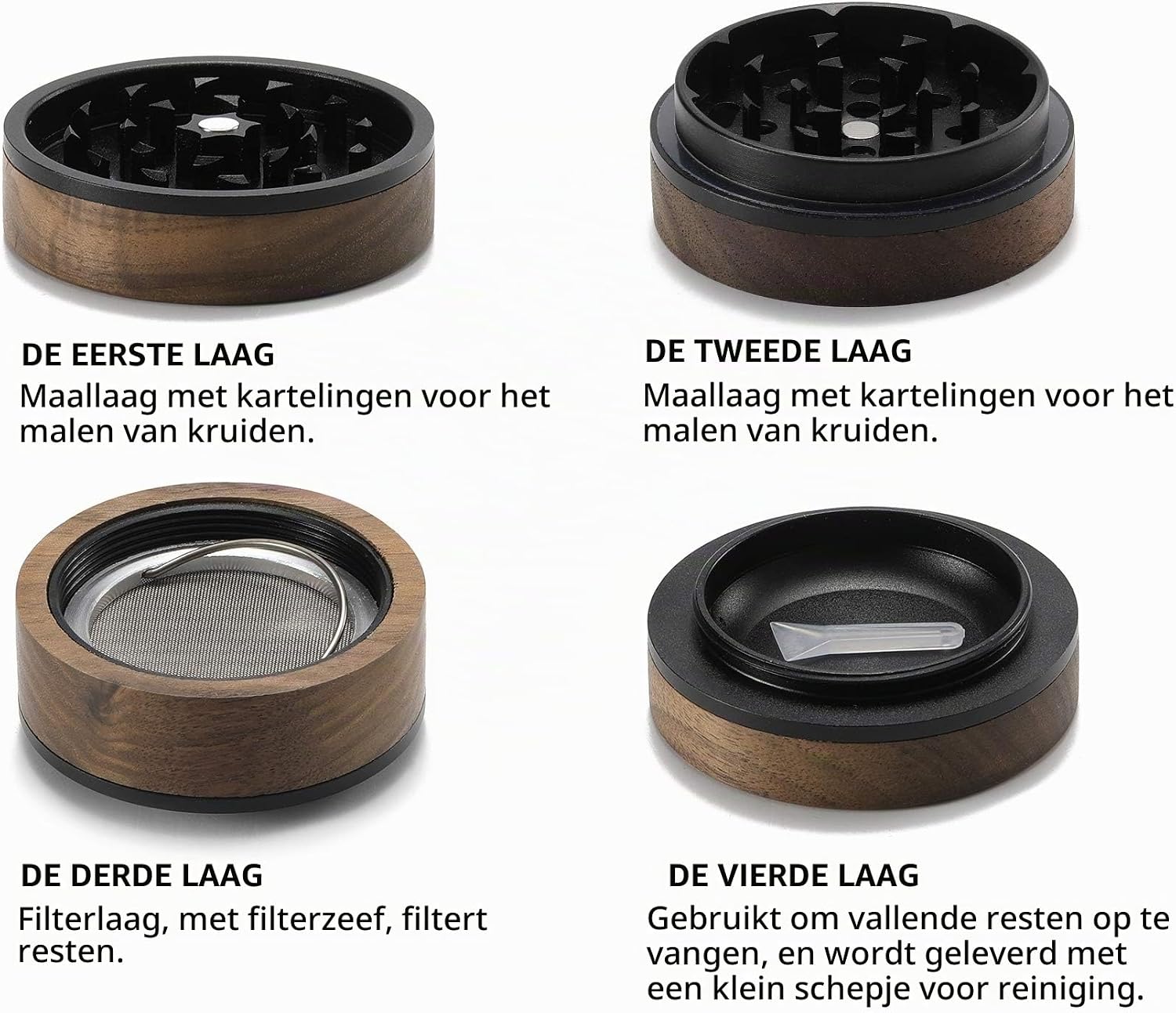 Detalle de DCOU G102 houten kruidenmolen, 4-delig met metalen crusher en magneetdeksel