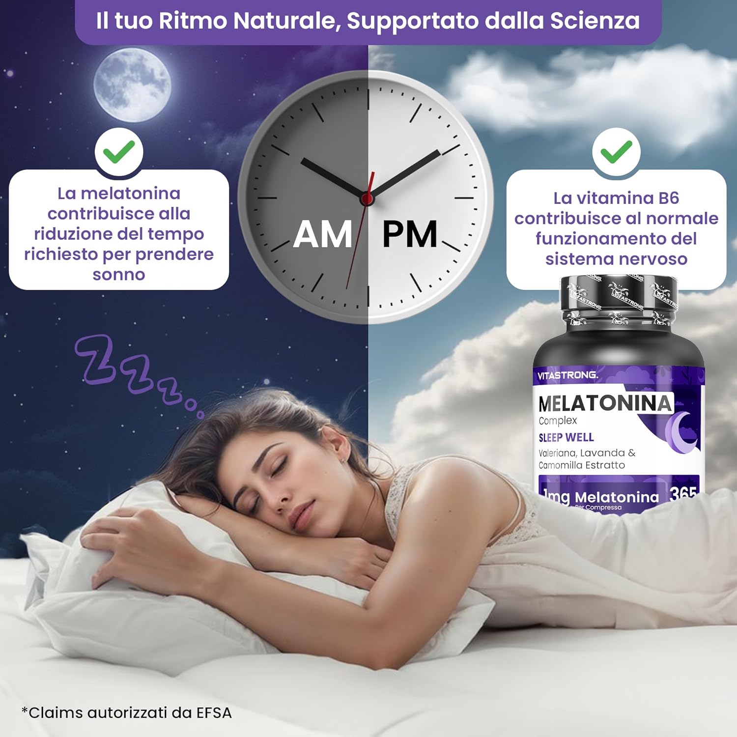 Detalle de Melatonina Vitastrong Complex 365 Micro-Comprime 1 mg con Camomilla, Valeriana, Lavanda e Vitamina B6