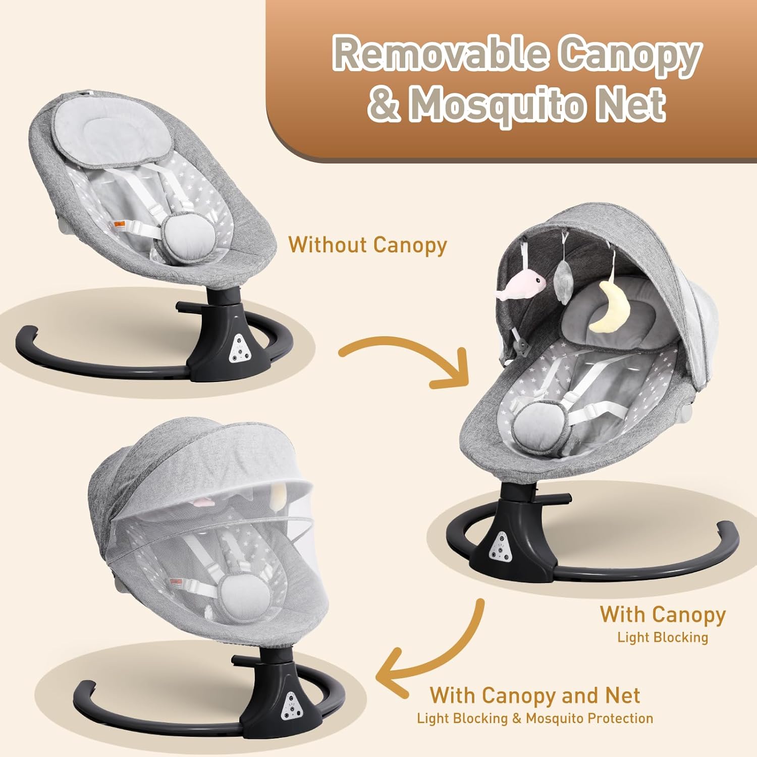 Detalle de Kisdream Baby Swing Chair with Bluetooth Remote – Cordless 5-Speed, 12 Lullabies, 3 Angles, 5-Point Harness