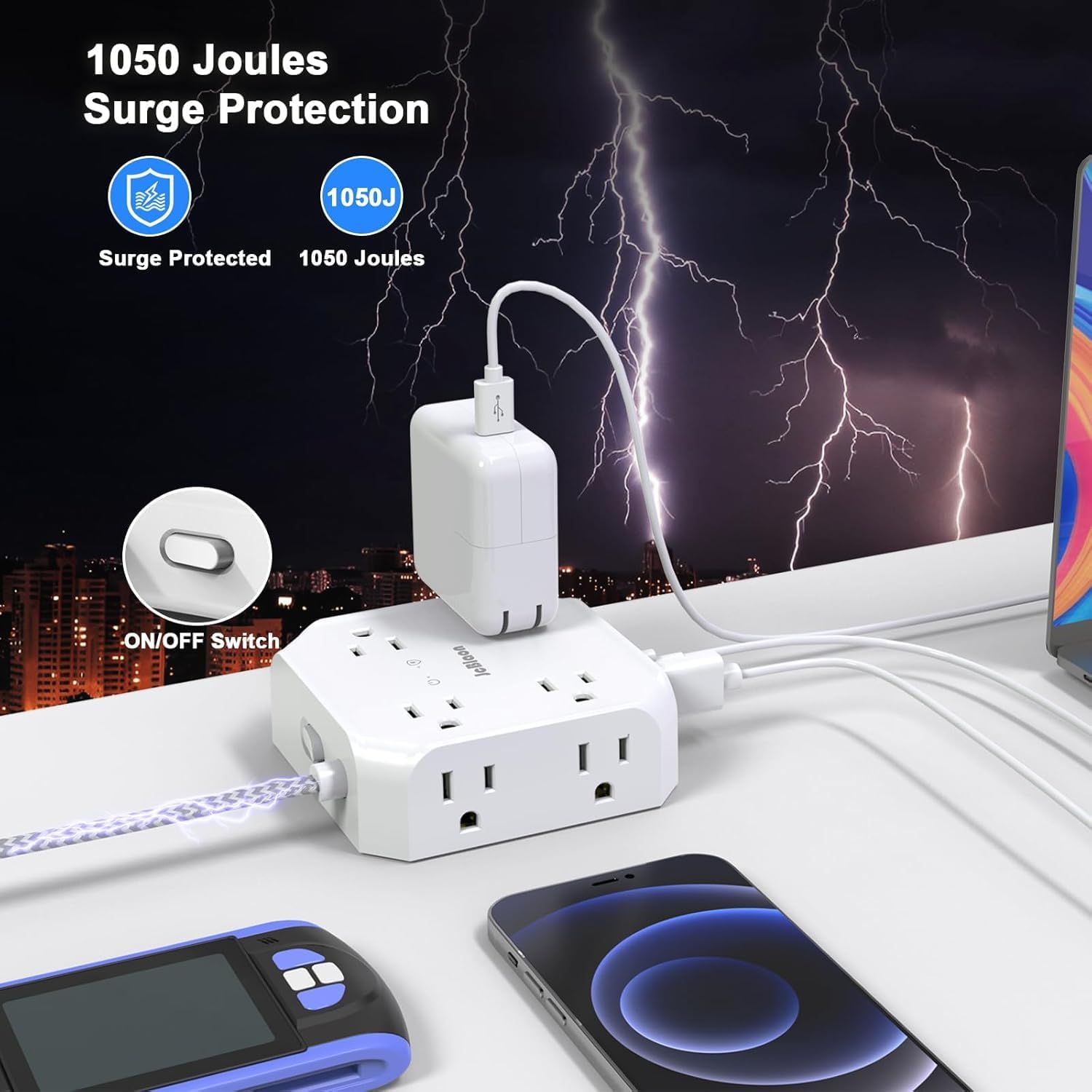 Detalle de JcBlaon 10 ft Flat-Plug Power Strip, 8 Outlets, 4 USB Ports, 1,050 J Surge Protection