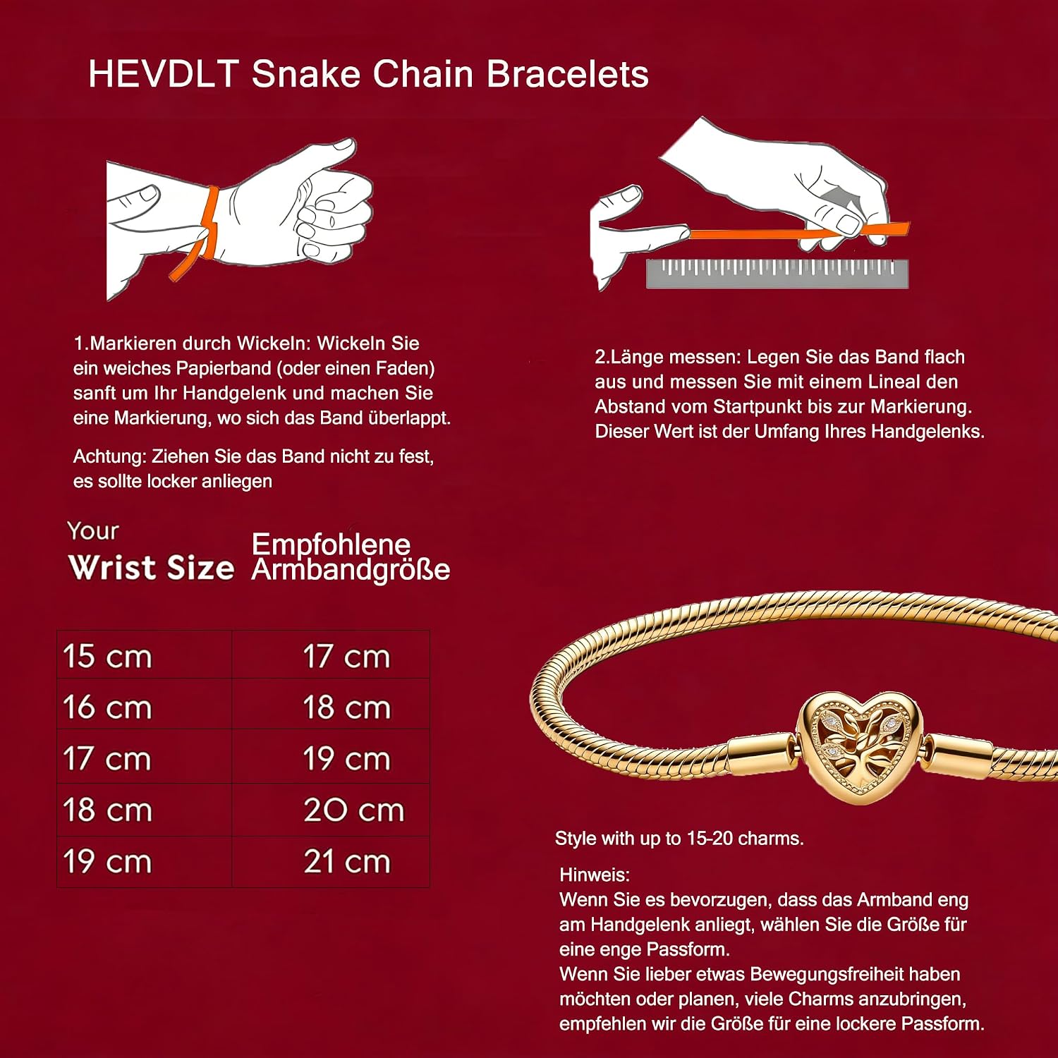 Detalle de Hevdlt Goldfarben Damenarmband aus 925er Sterlingsilber (vergoldete Metalllegierung) für Moments/Charms, 17–21 cm
