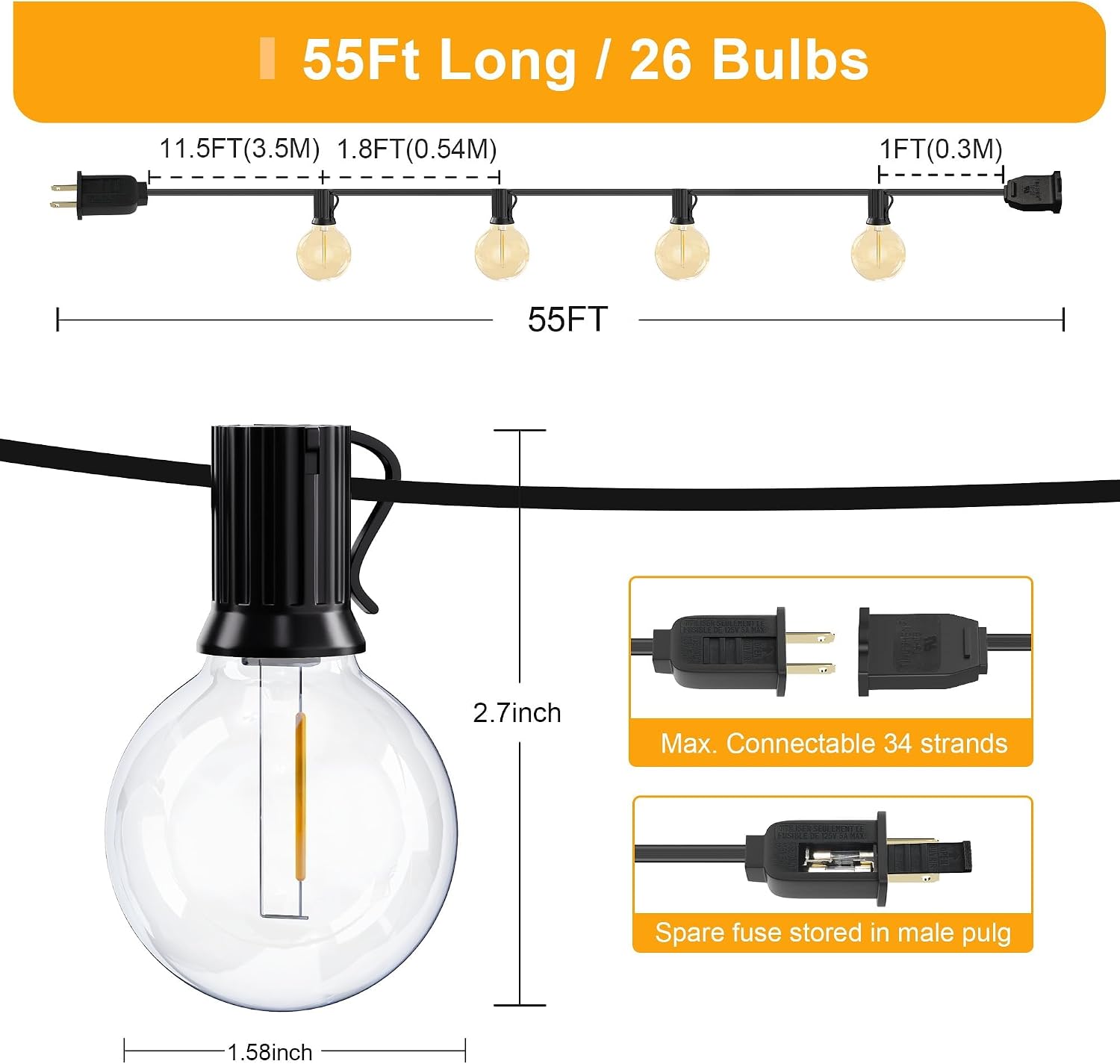 Detalle 2 de OHLUX GLS-20J2P-E17-G40- 55 ft G40 LED Outdoor String Lights