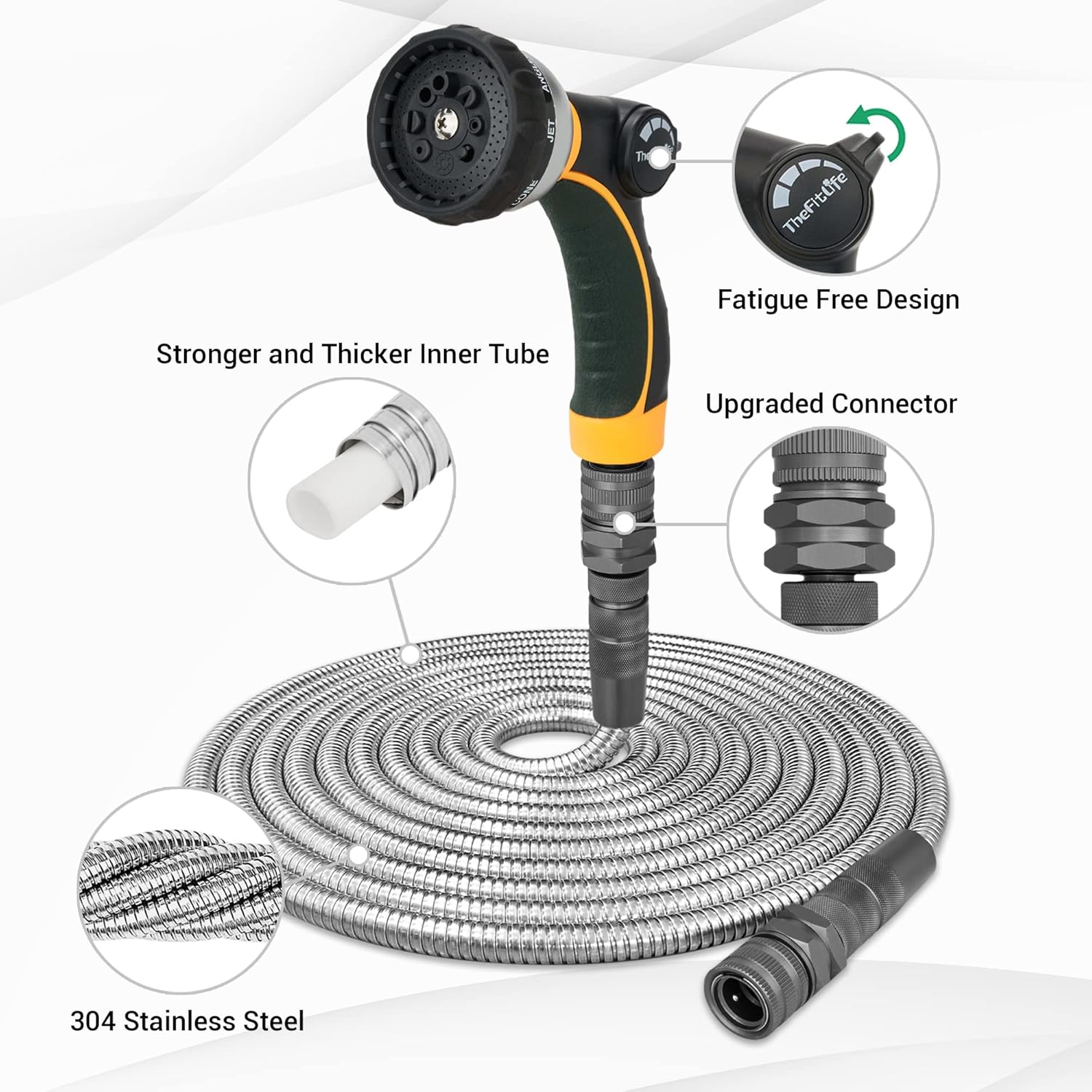 Thumbnail 1 de TheFitLife Metal Garden Hose Pipe (30m): Durable, kink-free Stainless Steel Hose with Sprayer Nozzle