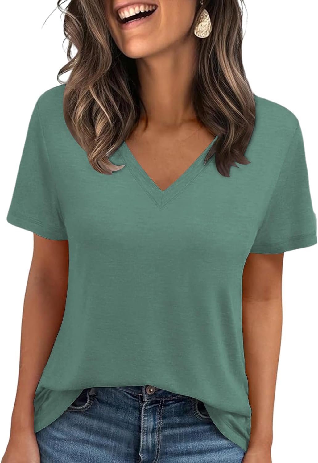 Thumbnail 6 de Cuptacc Damen V-Ausschnitt Basic T-Shirt Kurzarm – Sommerleichtes Oberteil in Uni