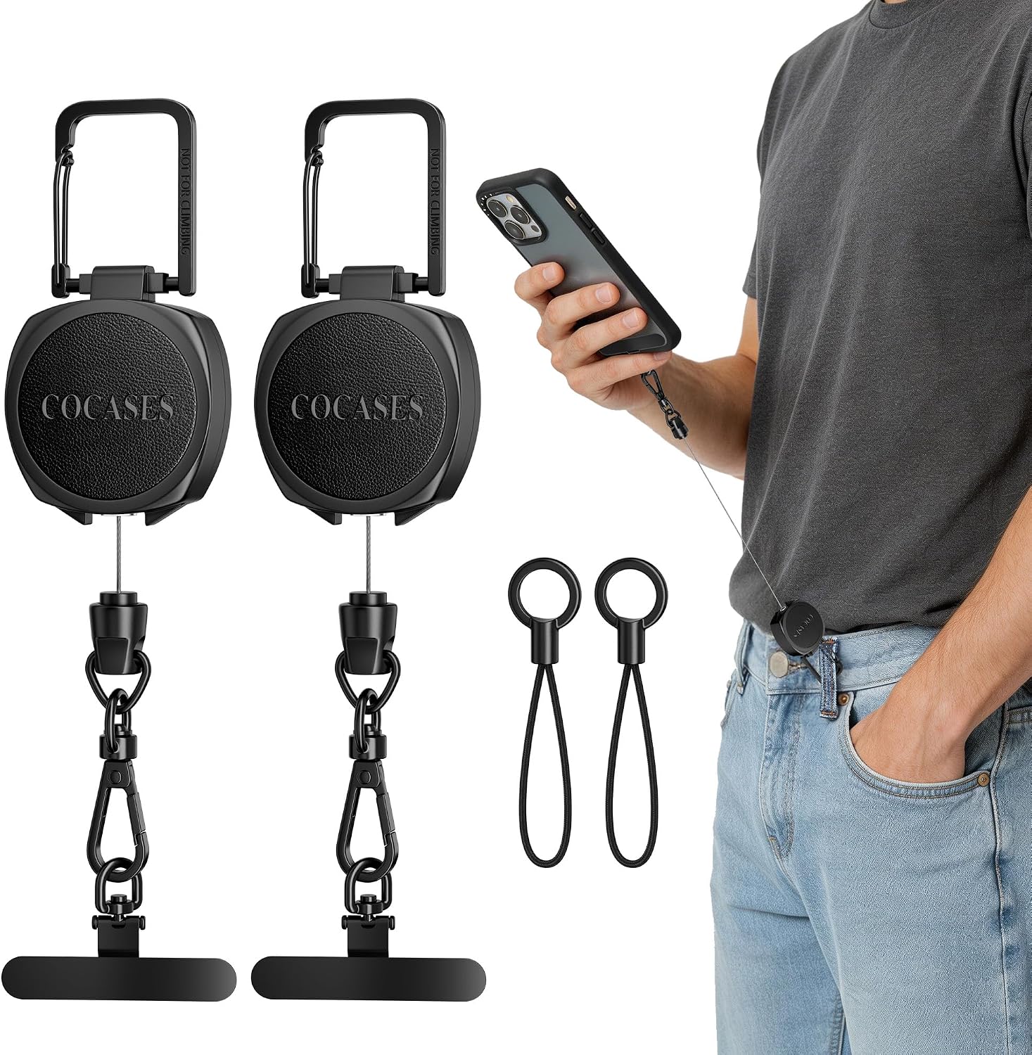 Detalle de COCASES 2 Pack Retractable Phone Lanyard: Anti-Theft 360° Clip with Steel Line & Quick-Release Options