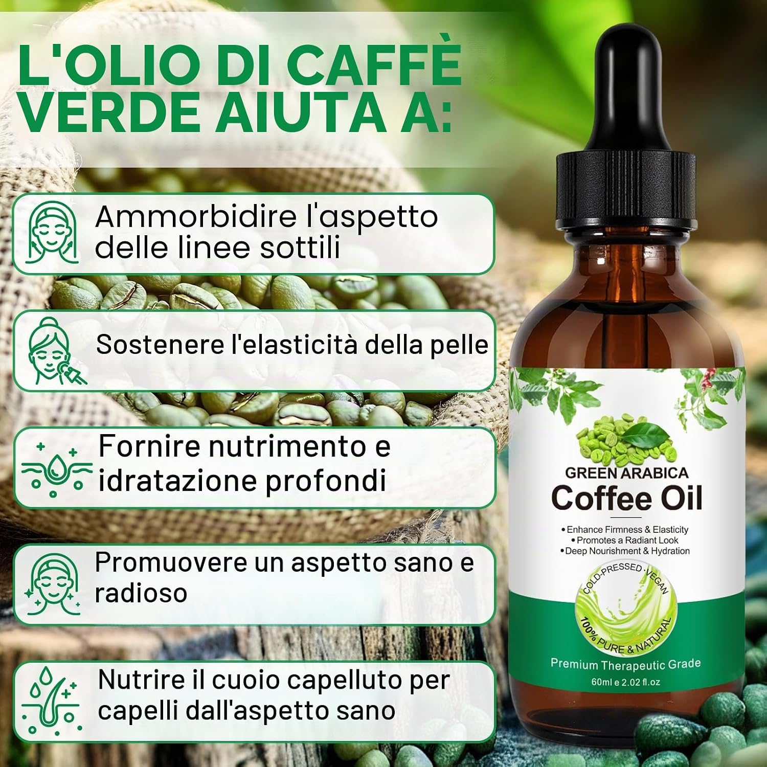 Detalle de Olio di caffè contro le rughe 60 ml – Spremuto a freddo, puro e naturale per viso e corpo