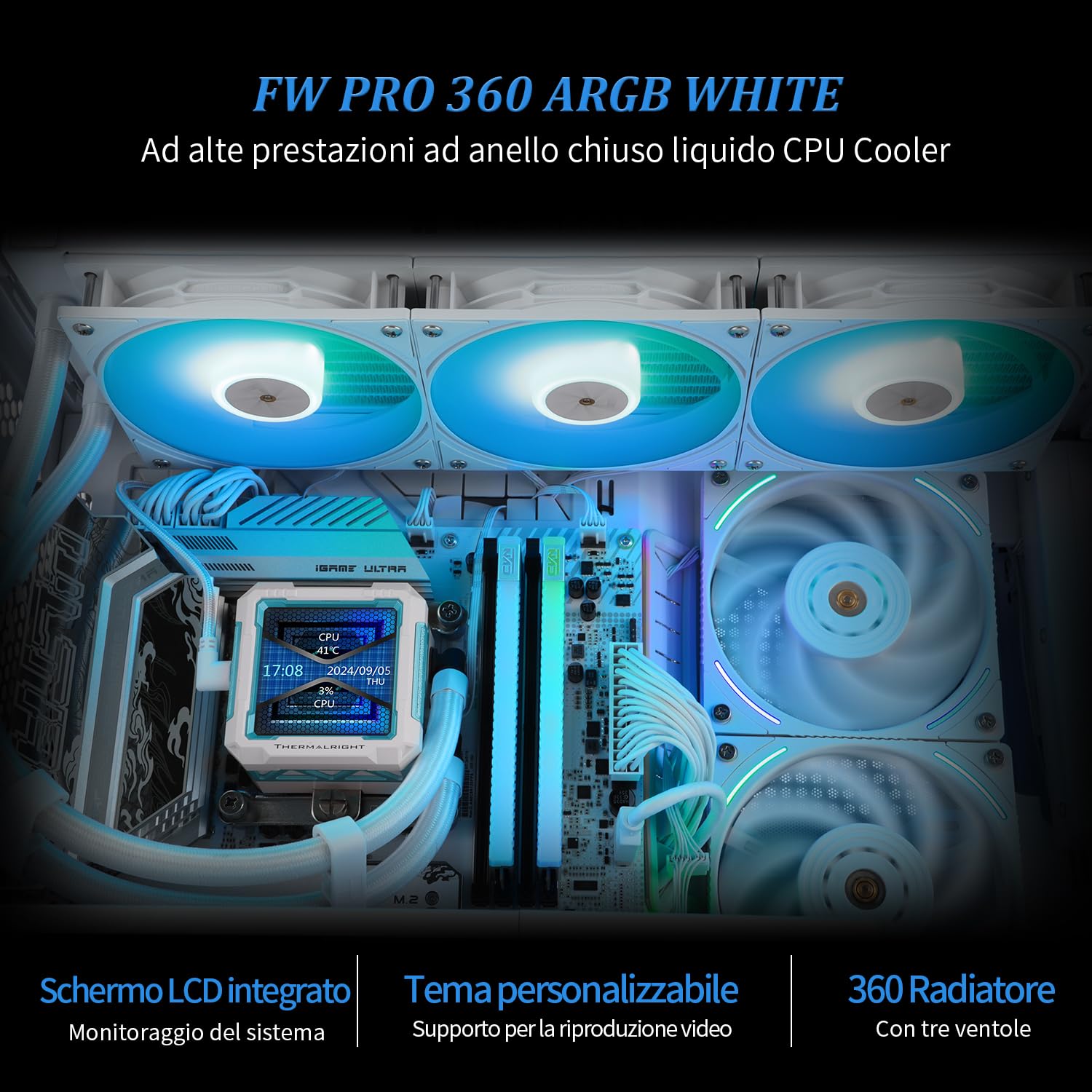 Detalle de Thermalright FW PRO 360 ARGB witte AIO-koeler met afneembaar IPS-lcd-display