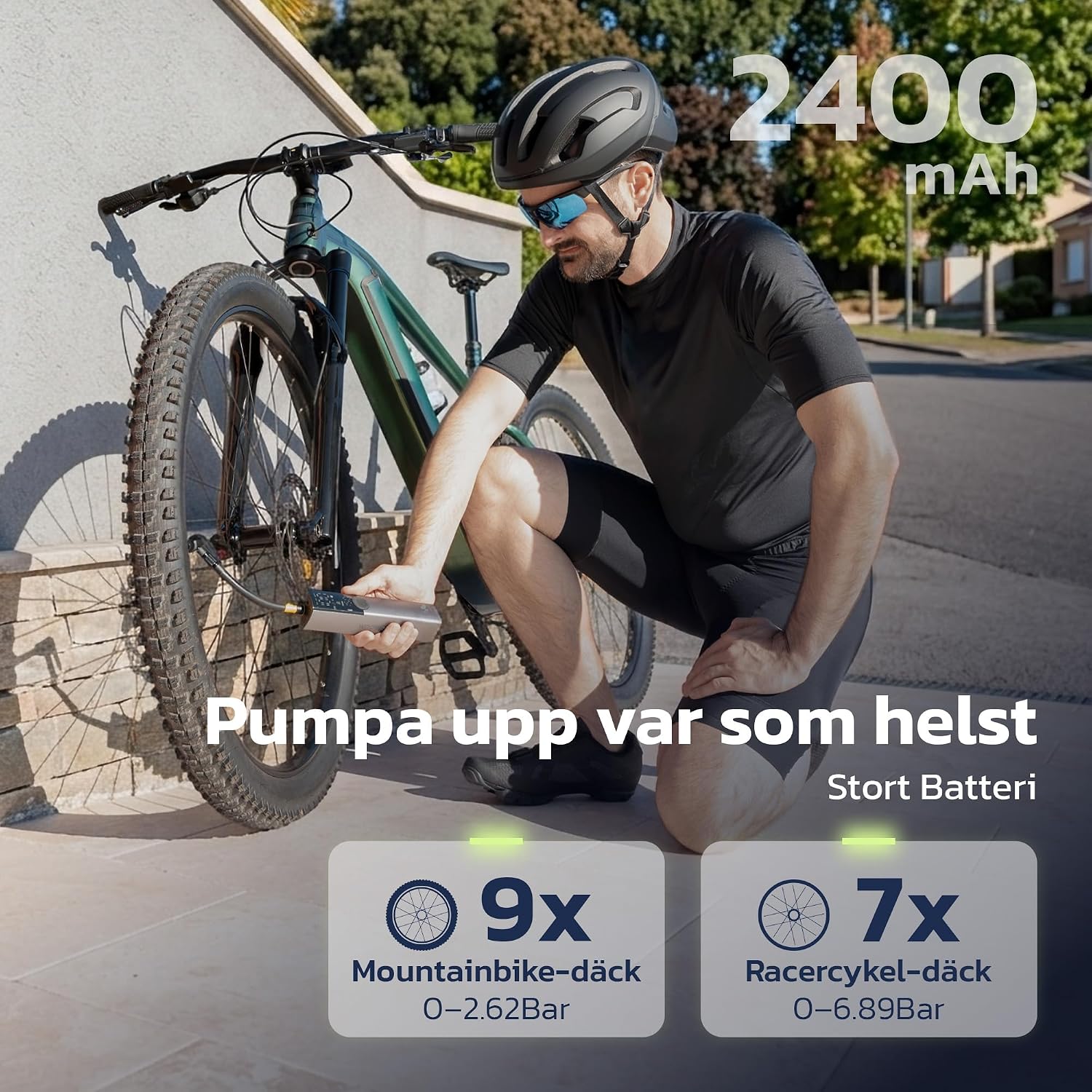 Detalle de Woowind Ventus Ride BP188G elektrisk cykelpump, 150 PSI och USB-C