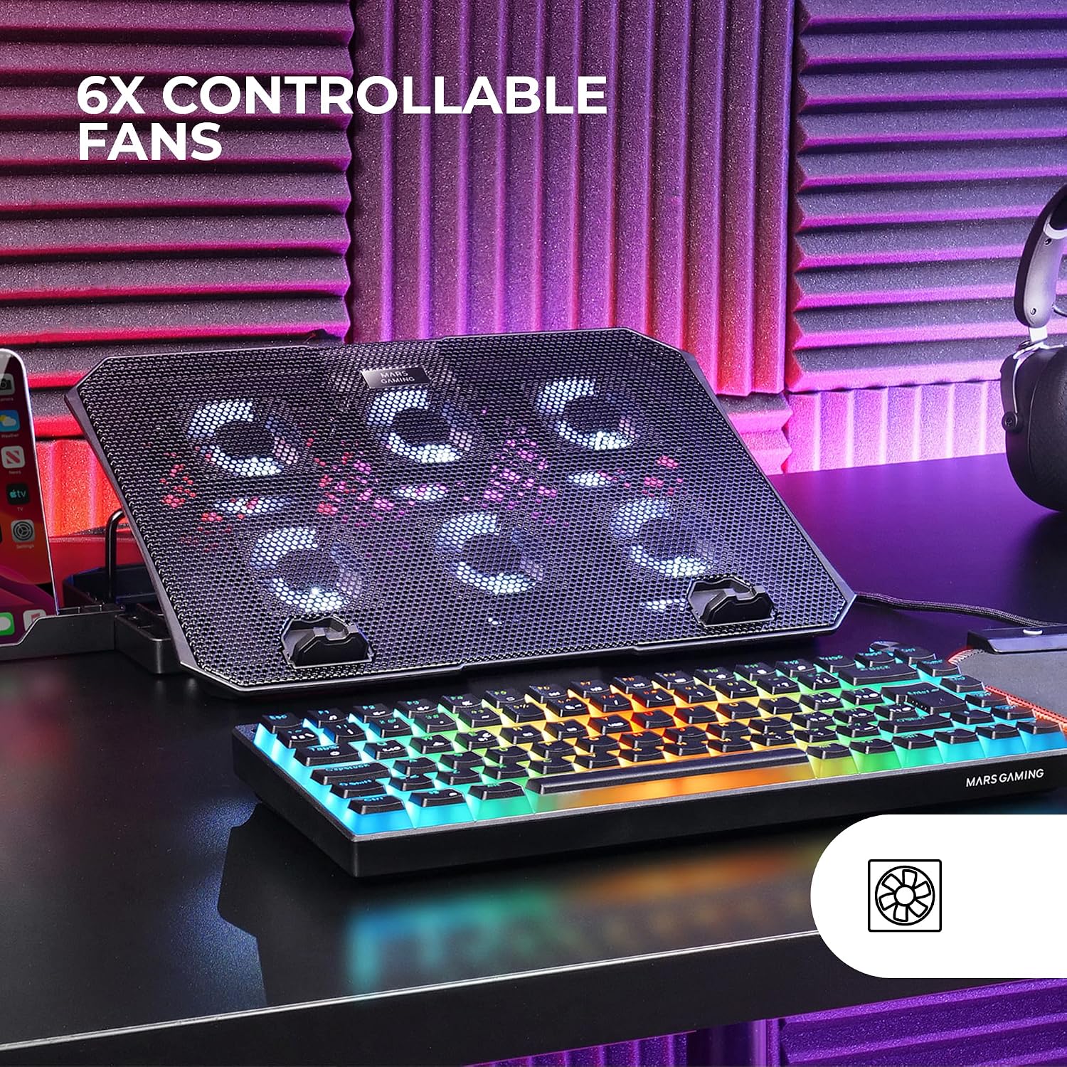 Detalle 2 de Mars Gaming MNBC23 base di raffreddamento e supporto per laptop fino a 16” con 6 ventole LED blu, 6 posizioni e 2 USB 2.0