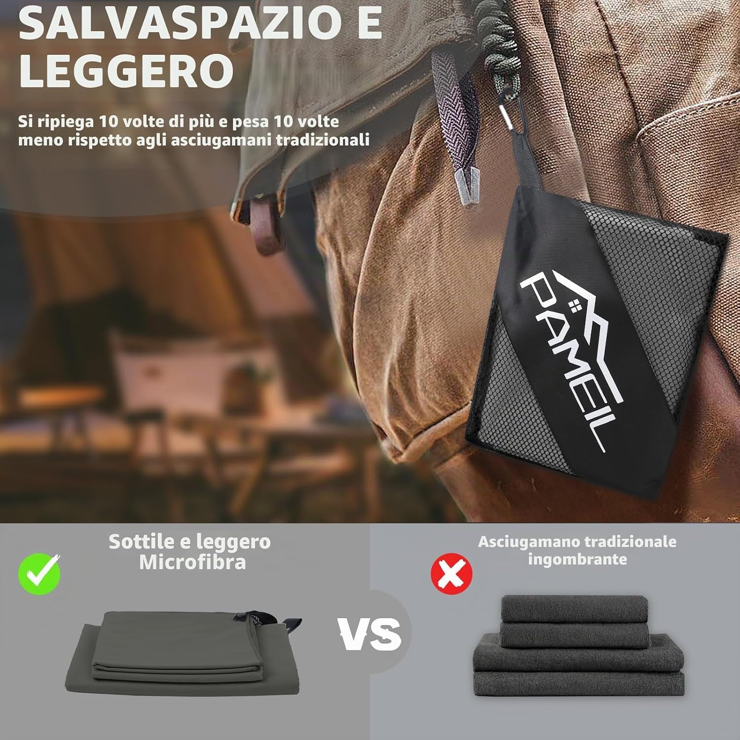 Detalle de Pameil Set di 3 asciugamani in microfibra: 160x80 cm + 2x 80x40 cm, asciugamani da viaggio ad asciugatura rapida