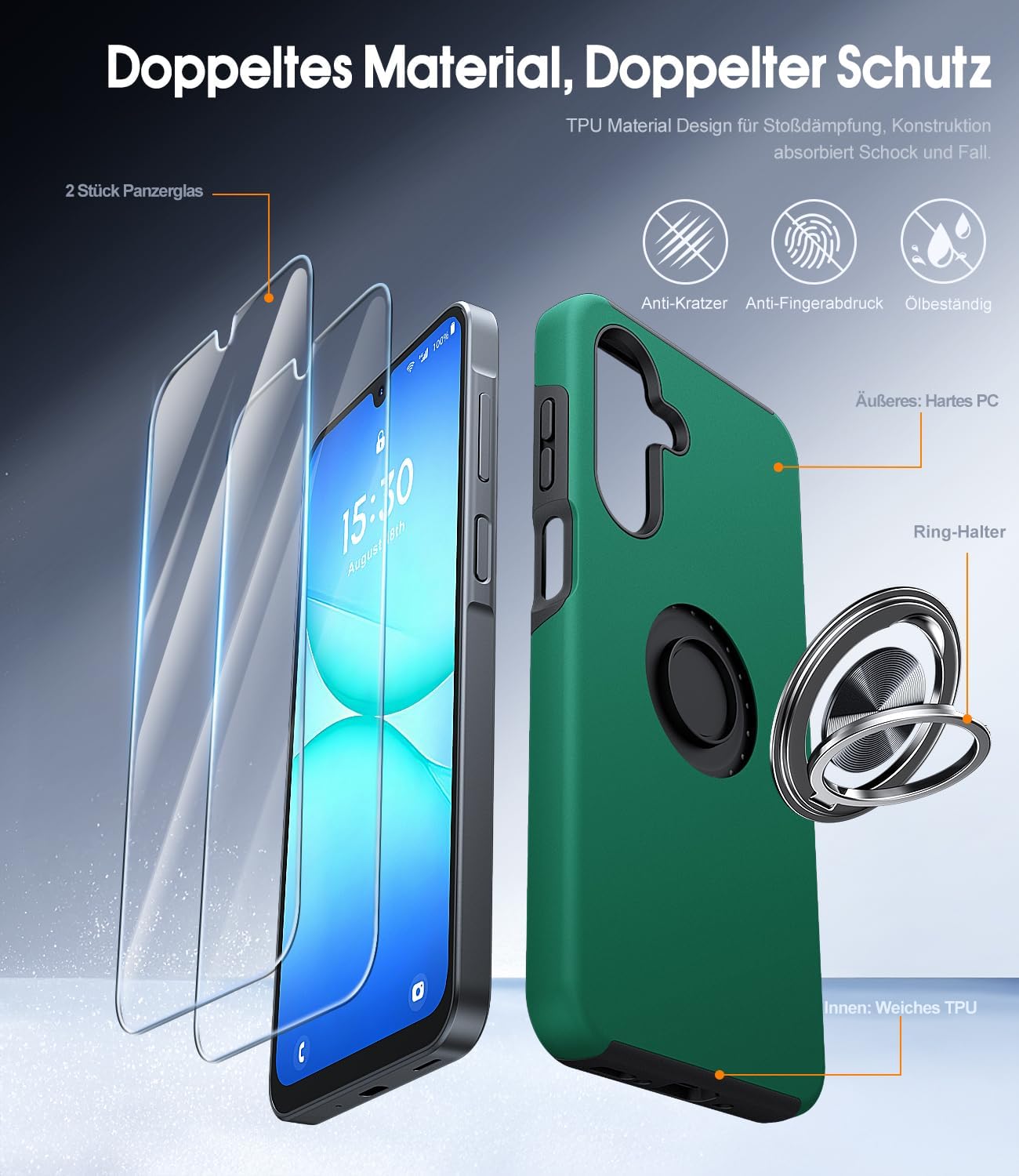 Thumbnail 6 de AOUIA Schutzhülle für Samsung Galaxy A17 5G mit 2x Panzerfolie, 360° Ring-Ständer & Militärschutz – Grün