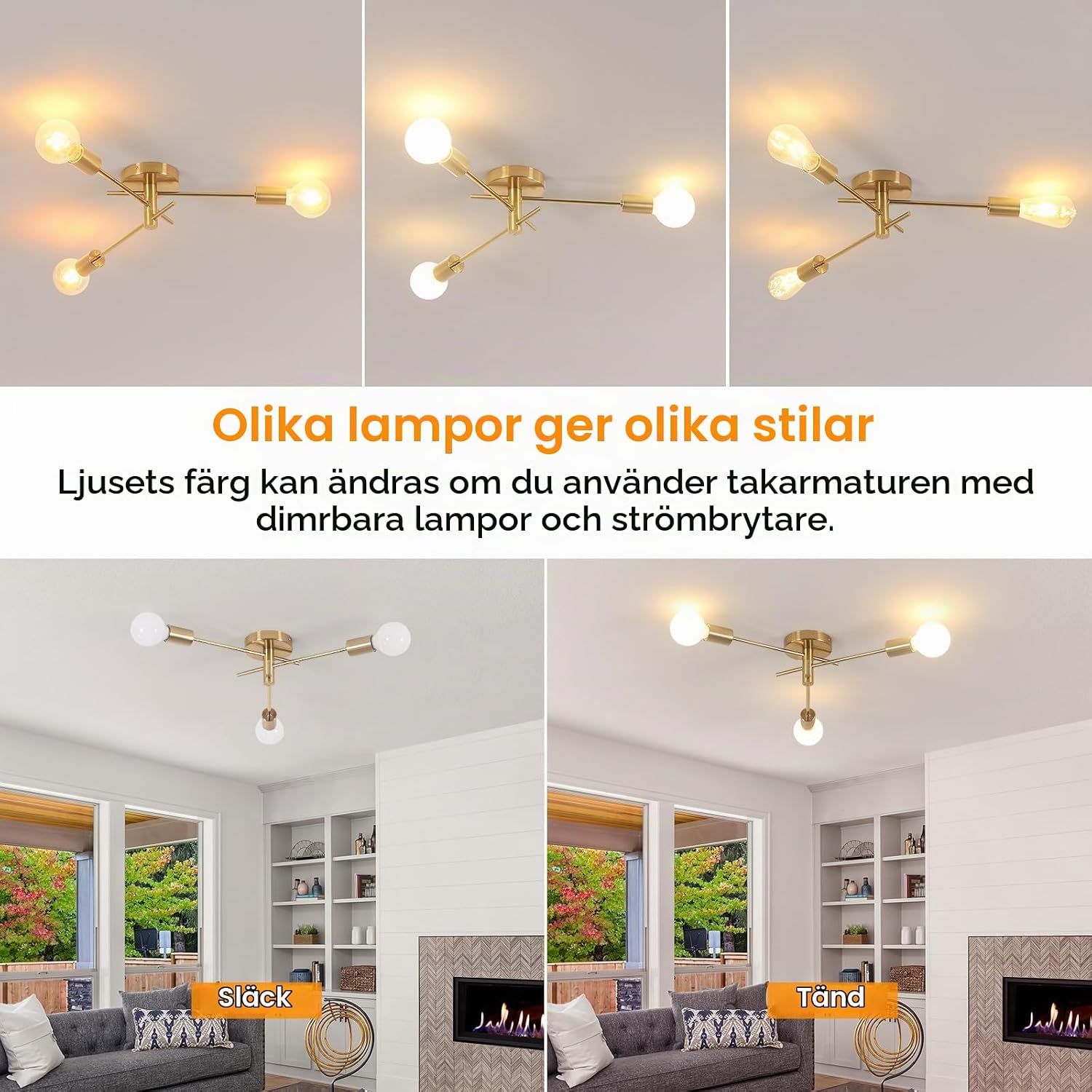 Detalle 2 de Riserva RVDE-52 Sputnik-taklampa i metall, 3 E27-ljuskällor, 180°