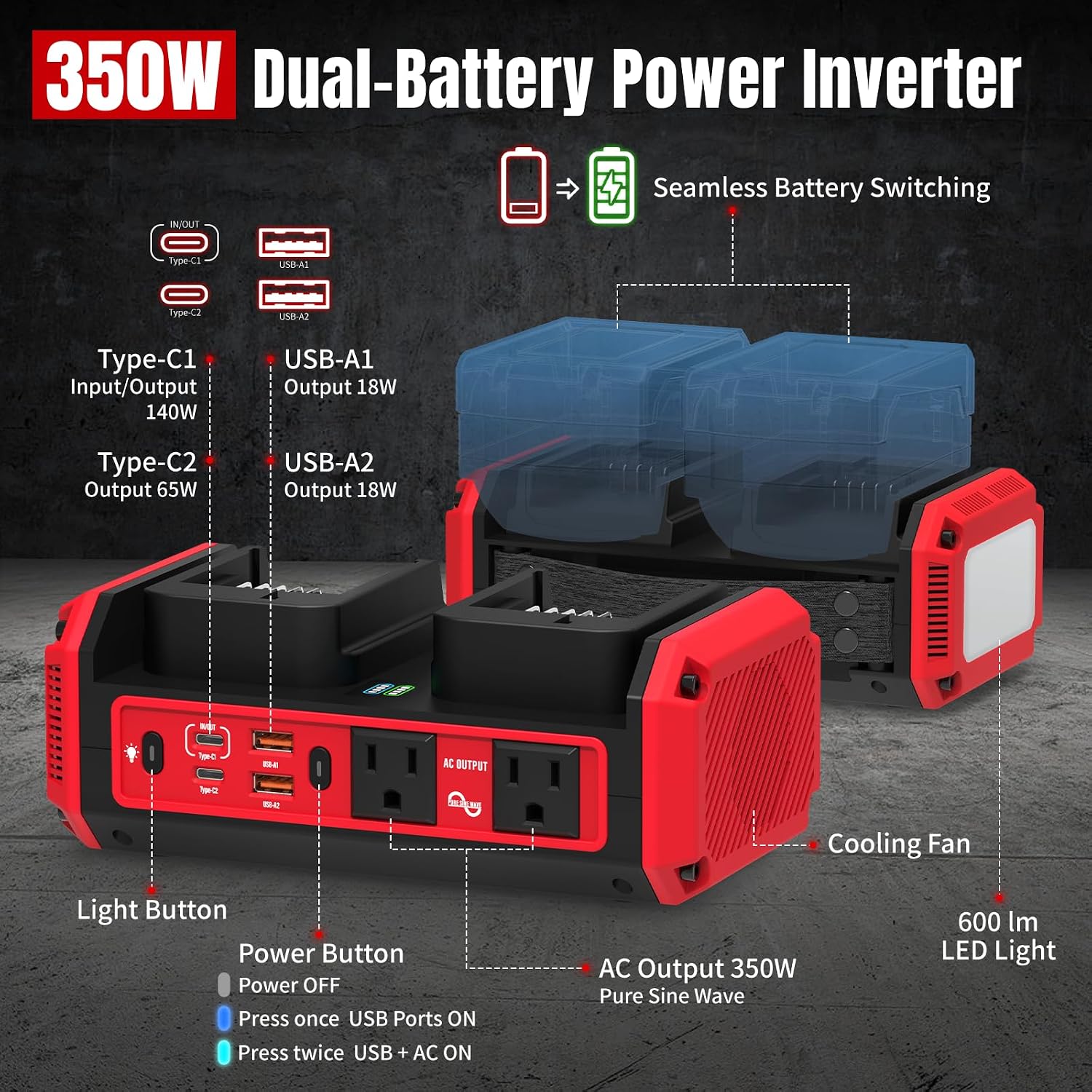 Detalle 2 de Kzreect Pure Sine Wave Inverter 350W